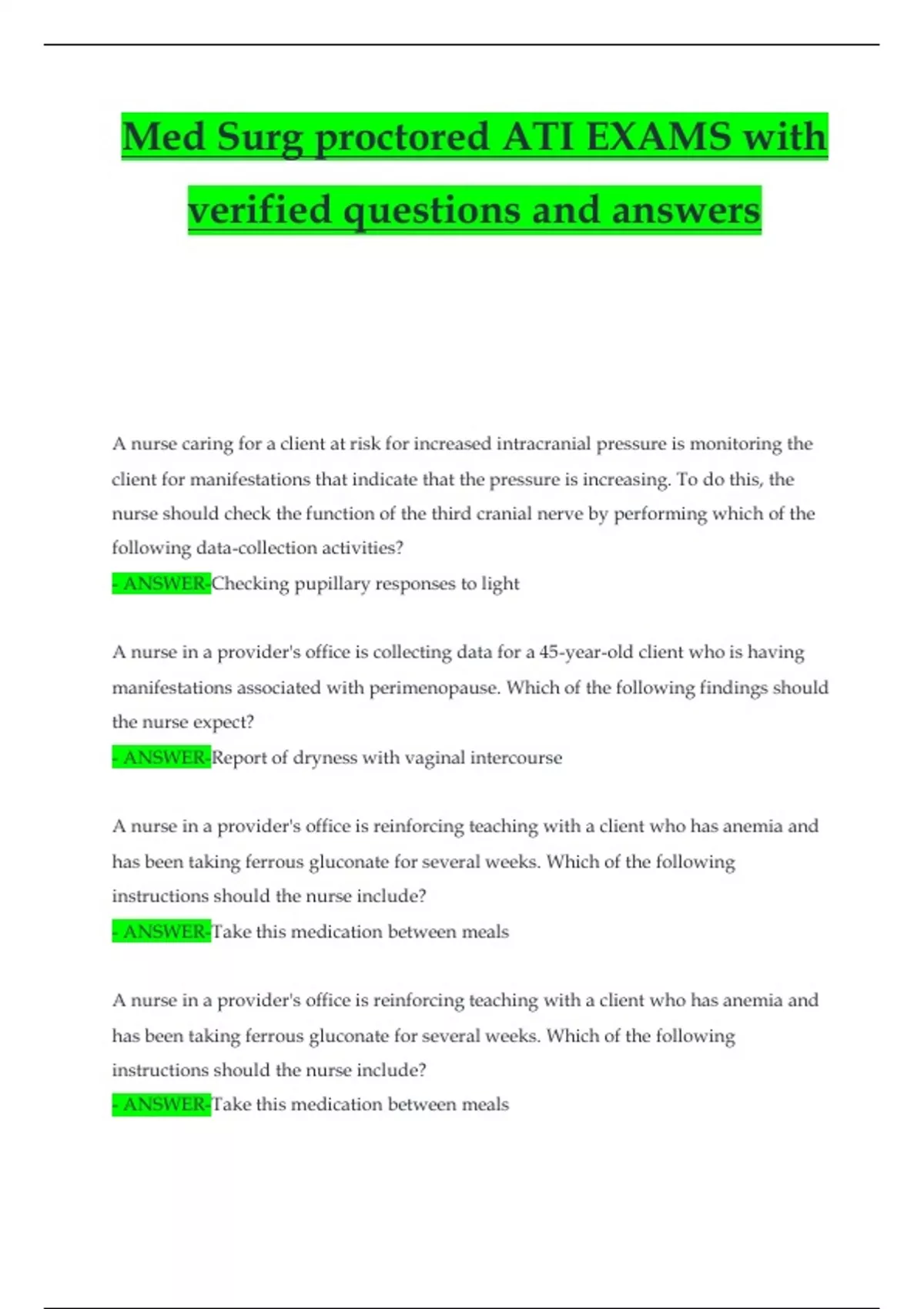 ATI MED-SURG PROCTORED EXAM FORM A COMPLETE EXAM QUESTIONS AND CORRECT ...