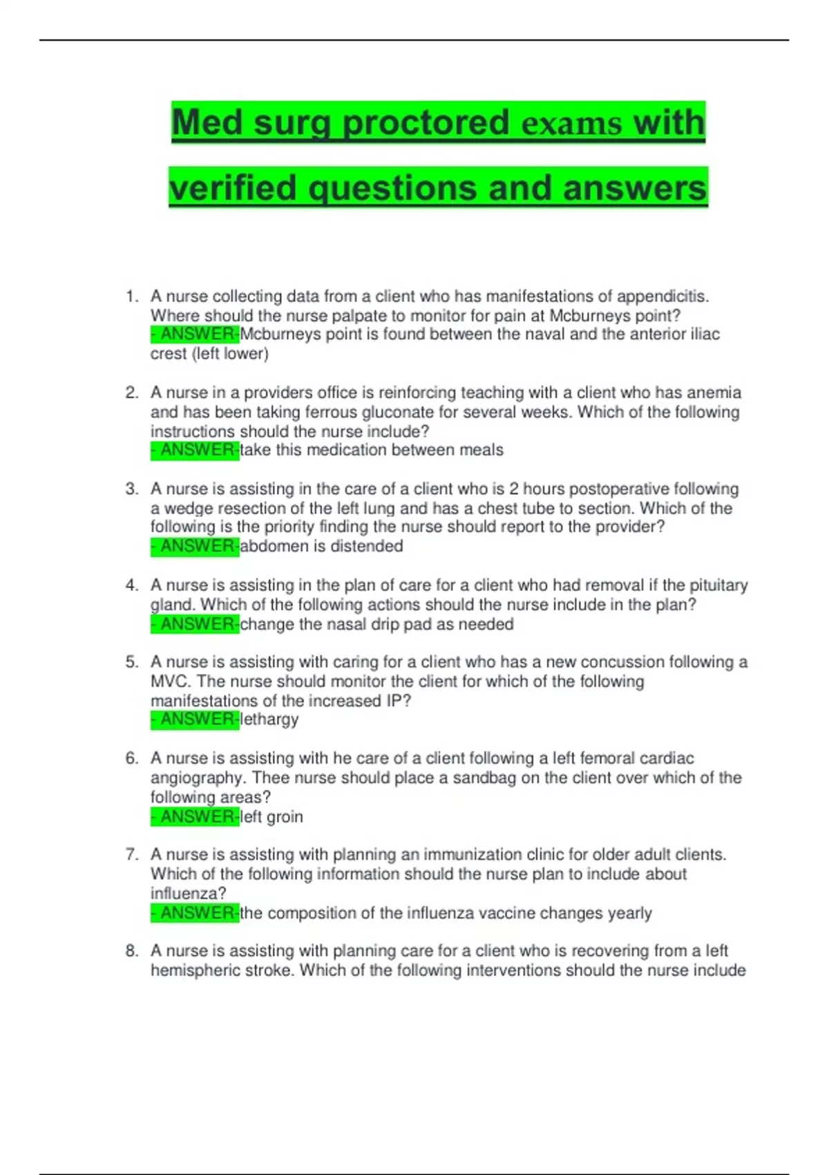 ATI MED-SURG PROCTORED EXAM FORM A COMPLETE EXAM QUESTIONS AND CORRECT ...