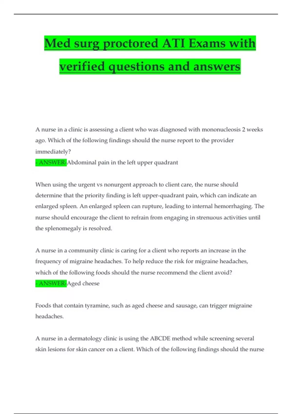 ATI MED-SURG PROCTORED EXAM FORM A COMPLETE EXAM QUESTIONS AND CORRECT ...
