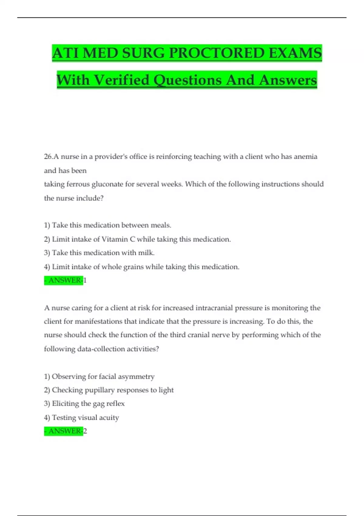 ATI MED-SURG PROCTORED EXAM FORM A COMPLETE EXAM QUESTIONS AND CORRECT ...
