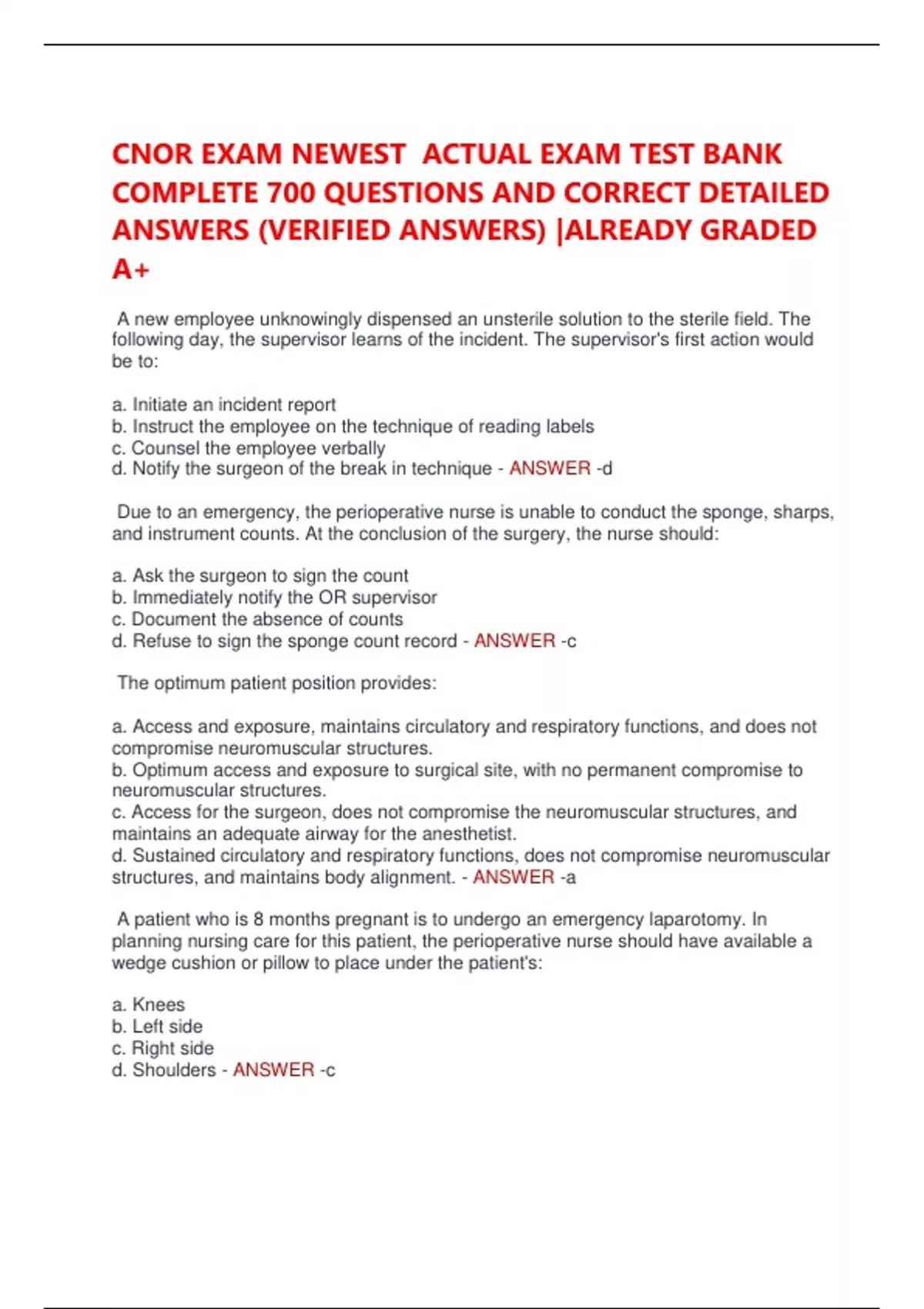 CNOR EXAM NEWEST ACTUAL EXAM TEST BANK COMPLETE 700 QUESTIONS AND ...