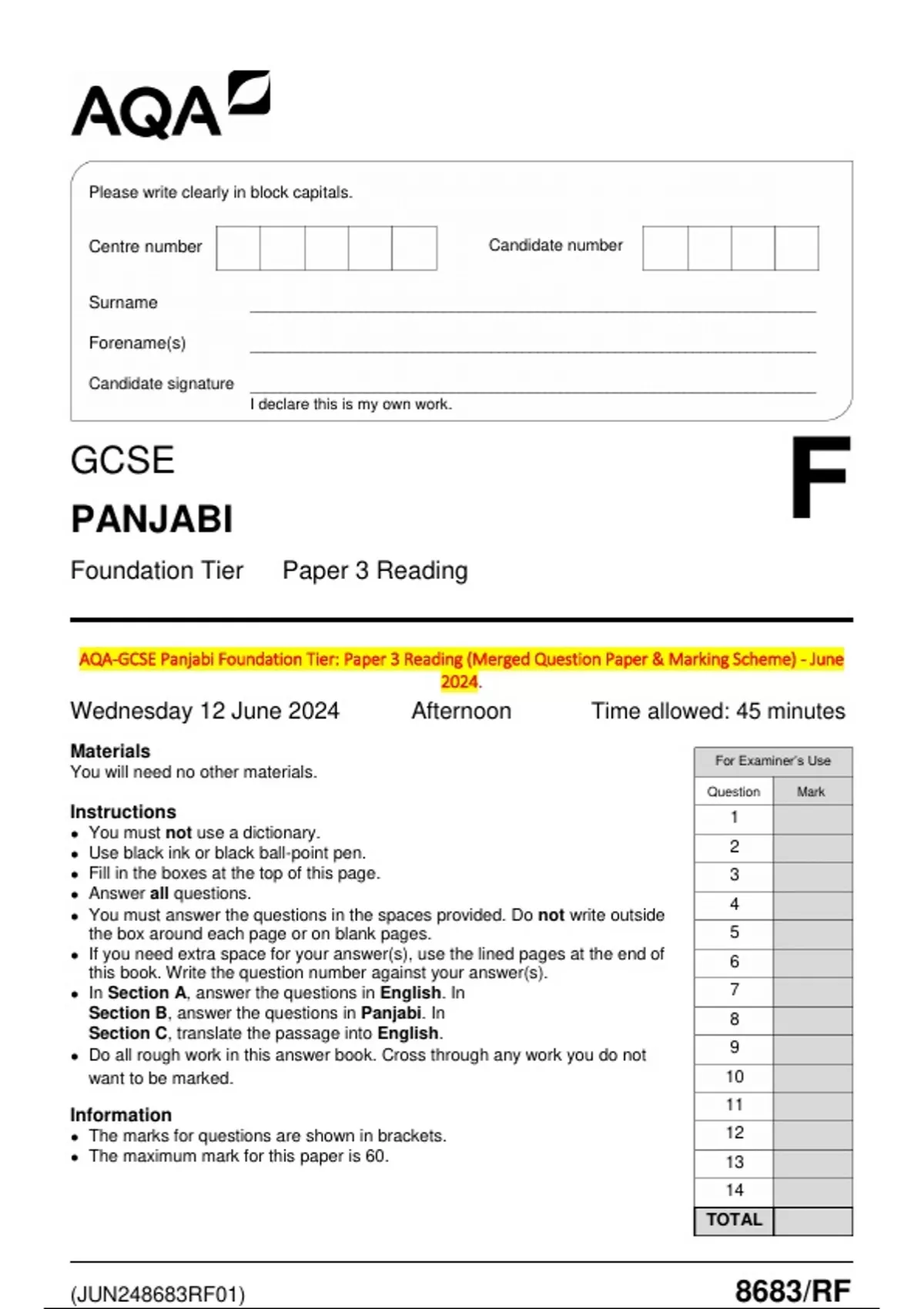 AQA-GCSE Panjabi Foundation Tier: Paper 3 Reading (Merged Question ...