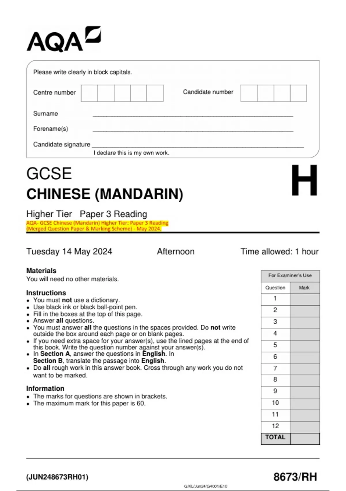 Higher Tier Paper 3 Reading Aqa Gcse Chinese Mandarin Higher Tier