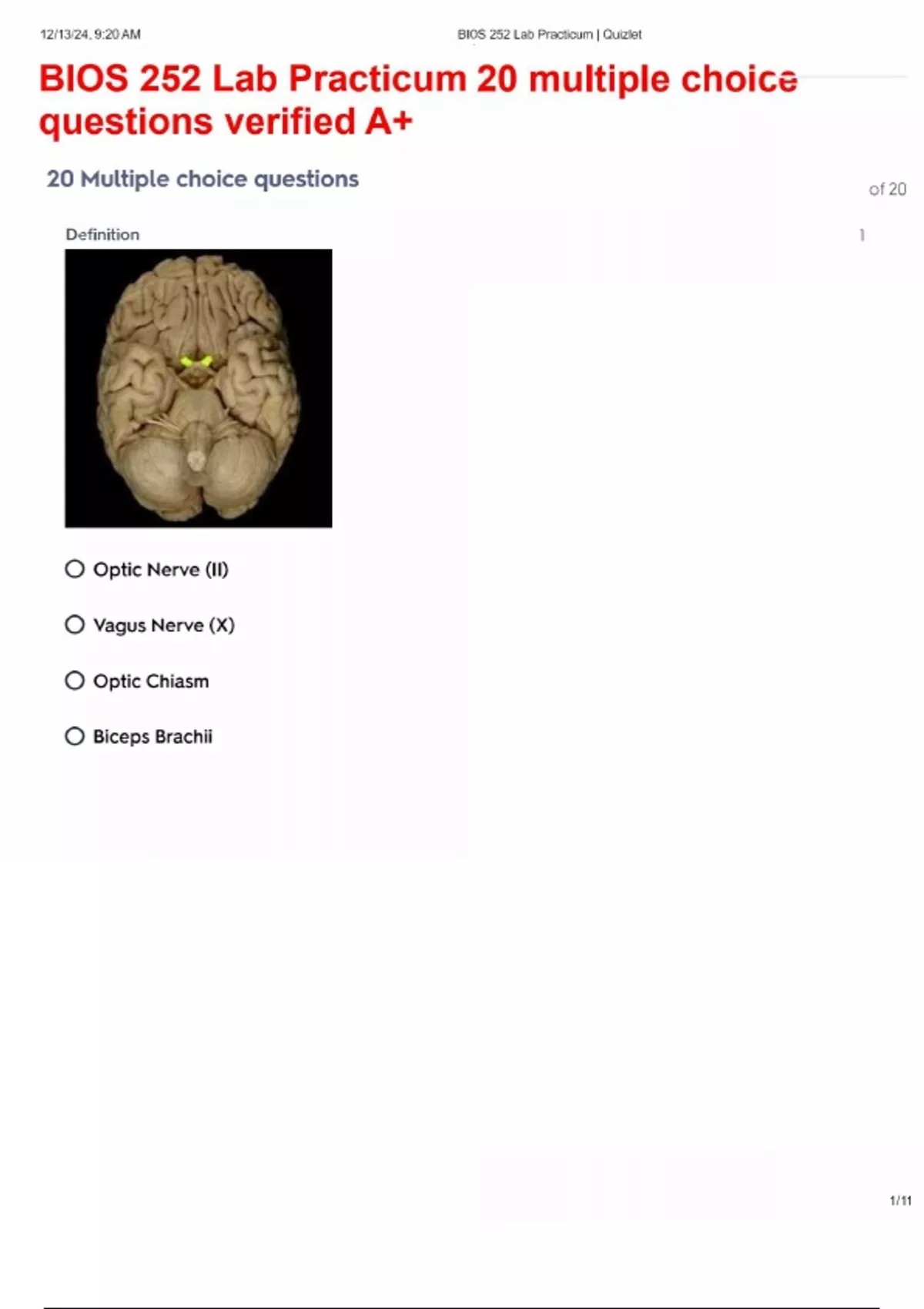BIOS 252 Lab Practicum 20 multiple choice questions verified A+.pdf ...