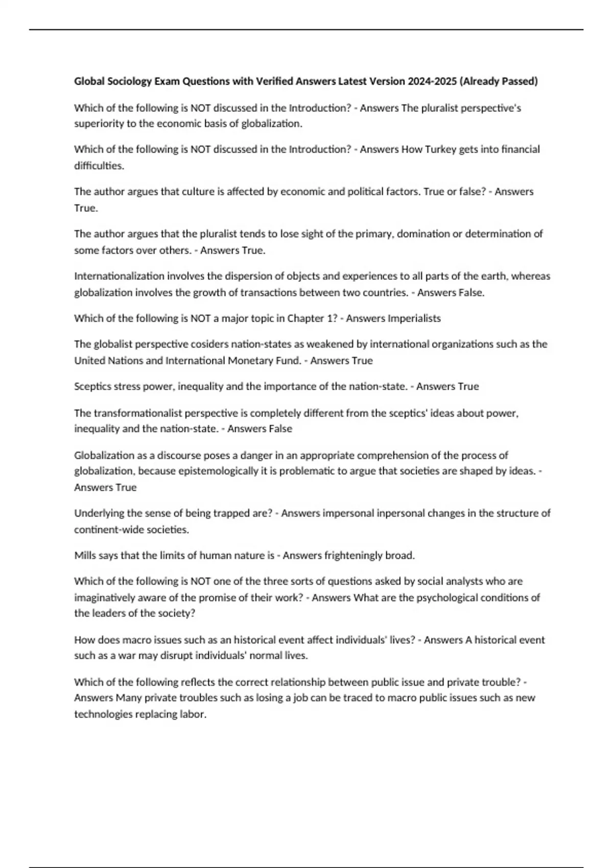Global Sociology Exam Questions with Verified Answers Latest Version ...