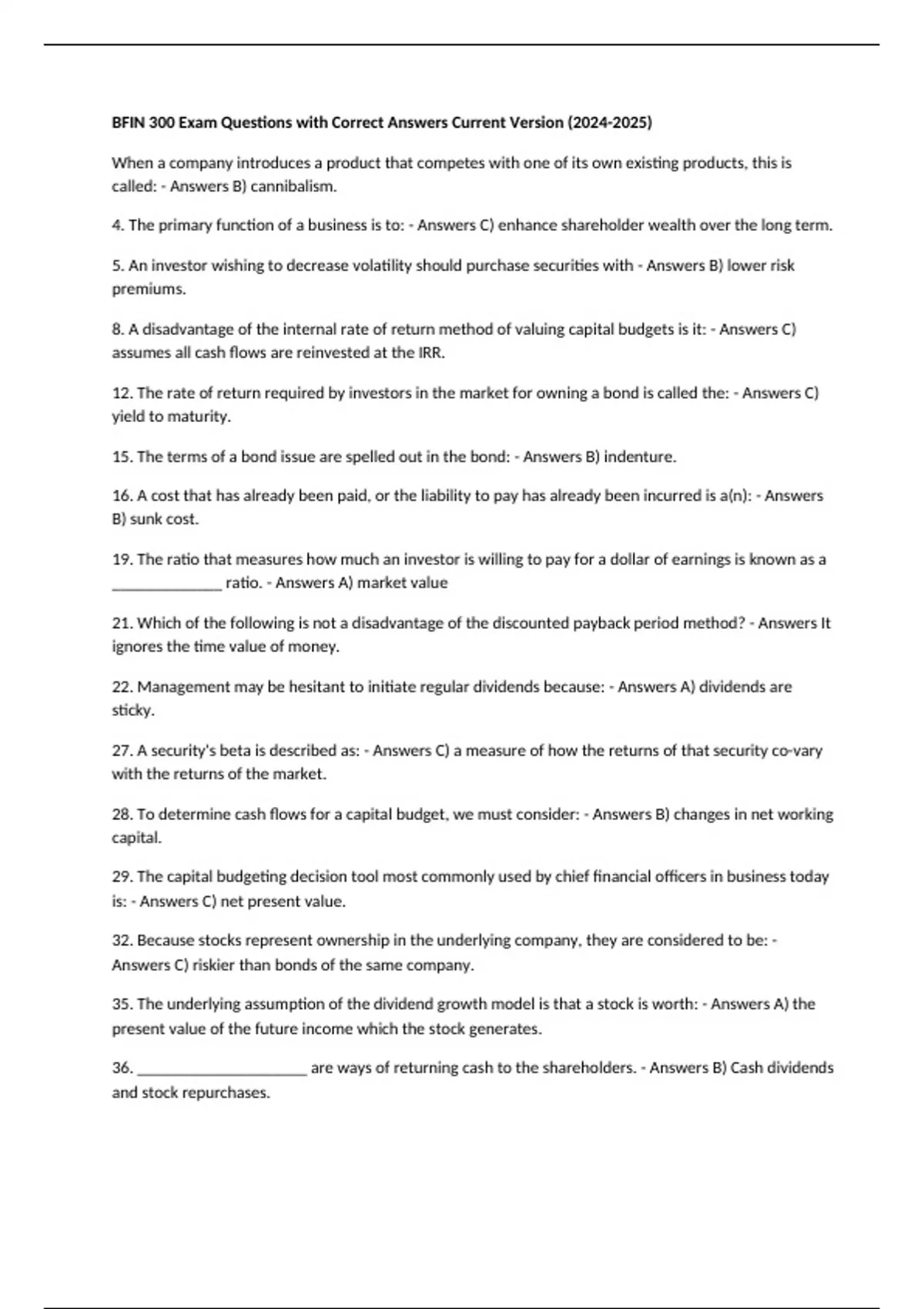 BFIN 300 Exam Questions with Correct Answers Current Version () - BFIN ...