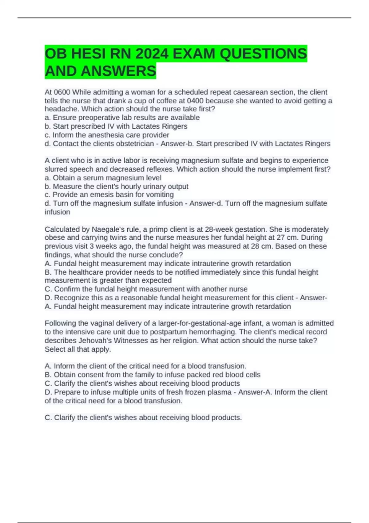 OB HESI RN 2024/2025 EXAM QUESTIONS AND ANSWERS - OB HESI - Stuvia US