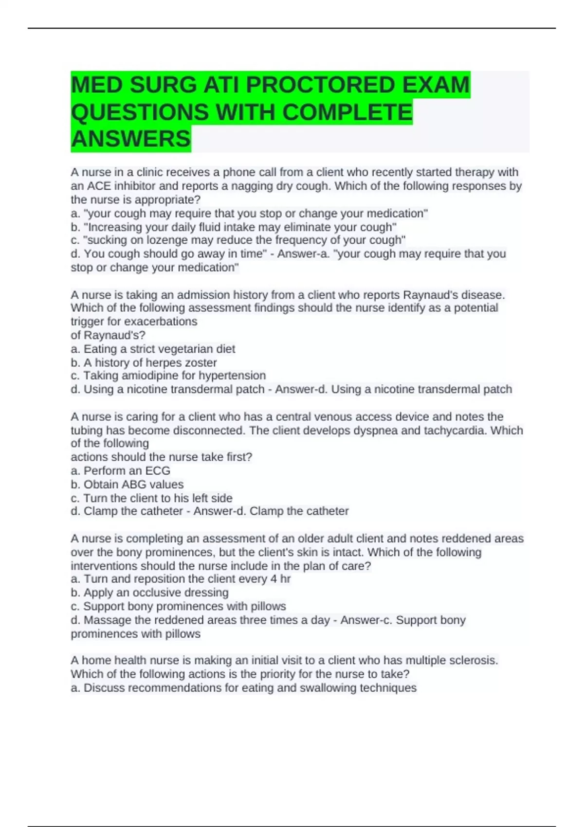 MED SURG ATI PROCTORED EXAM QUESTIONS WITH COMPLETE ANSWERS - MEDICAL ...