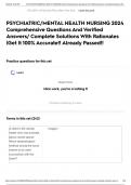 PSYCHIATRIC&sol;MENTAL HEALTH NURSING 2024 Comprehensive Questions And Verified Answers&sol; Complete Solutions With Rationales &vert;Get It 100&percnt; Accurate&excl;&excl; Already Passed&excl;&excl;