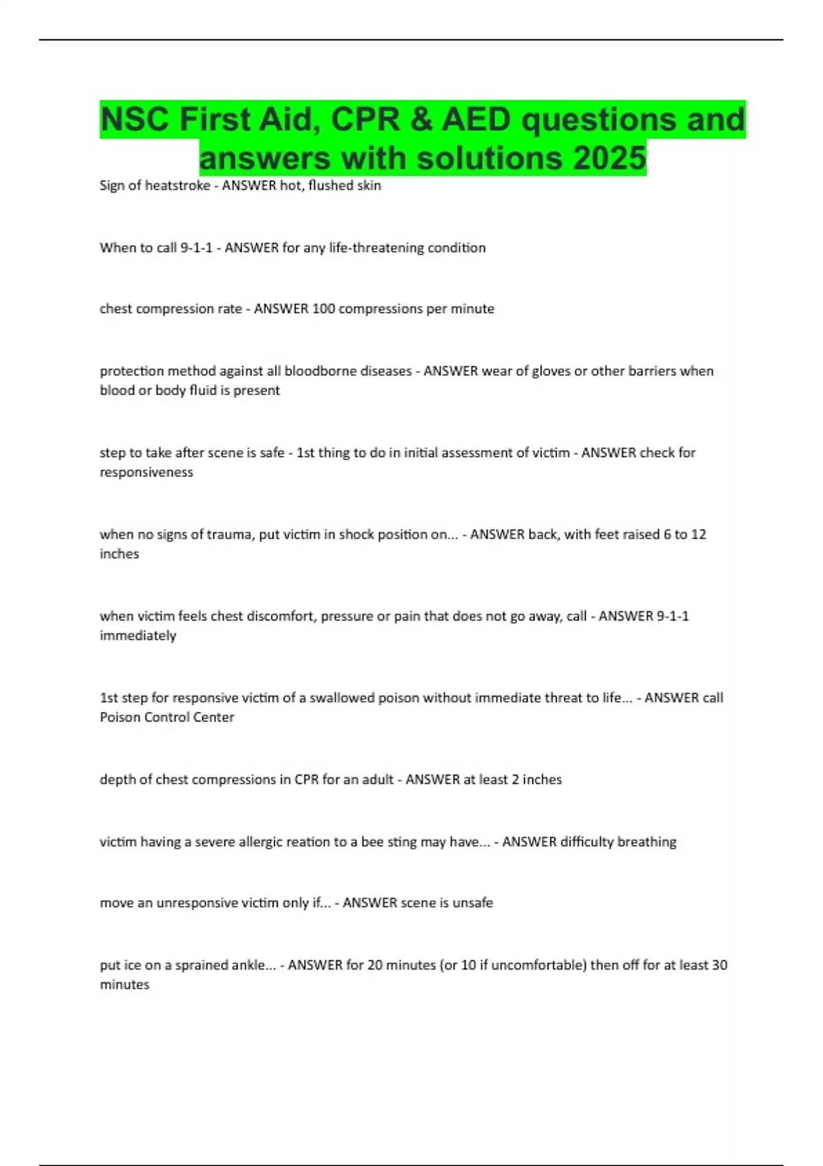 NSC First Aid, CPR & AED questions and answers with solutions 2025 ...