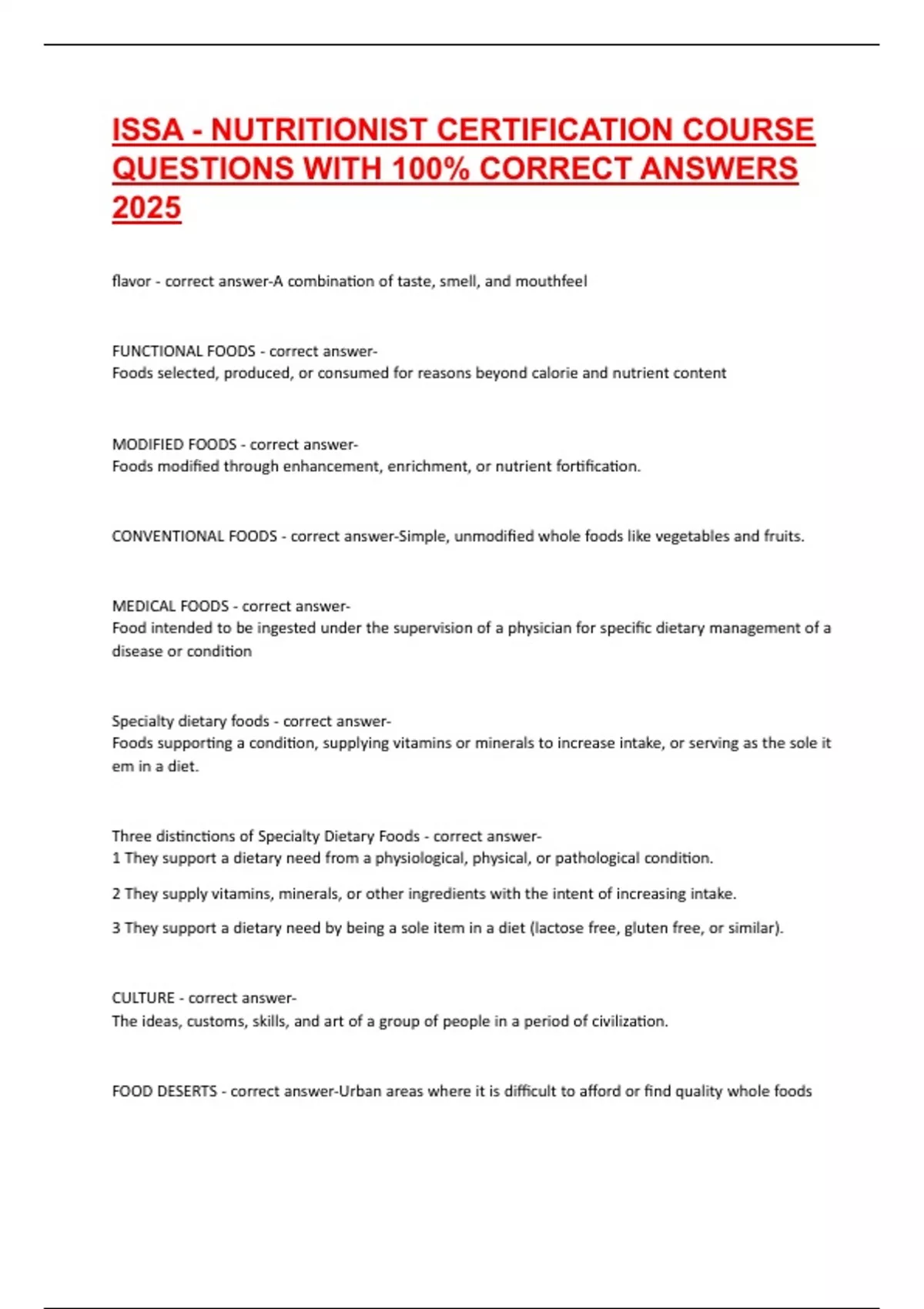 Issa Certificate.pdf ISSA - NUTRITIONIST CERTIFICATION COURSE QUESTIONS WITH 100% CORRECT ...