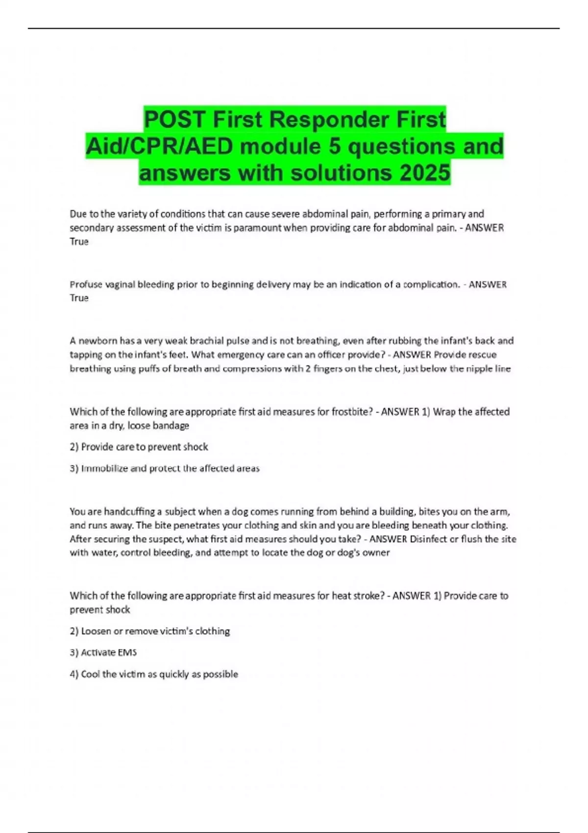 POST First Responder First Aid/CPR/AED module 5 questions and answers ...