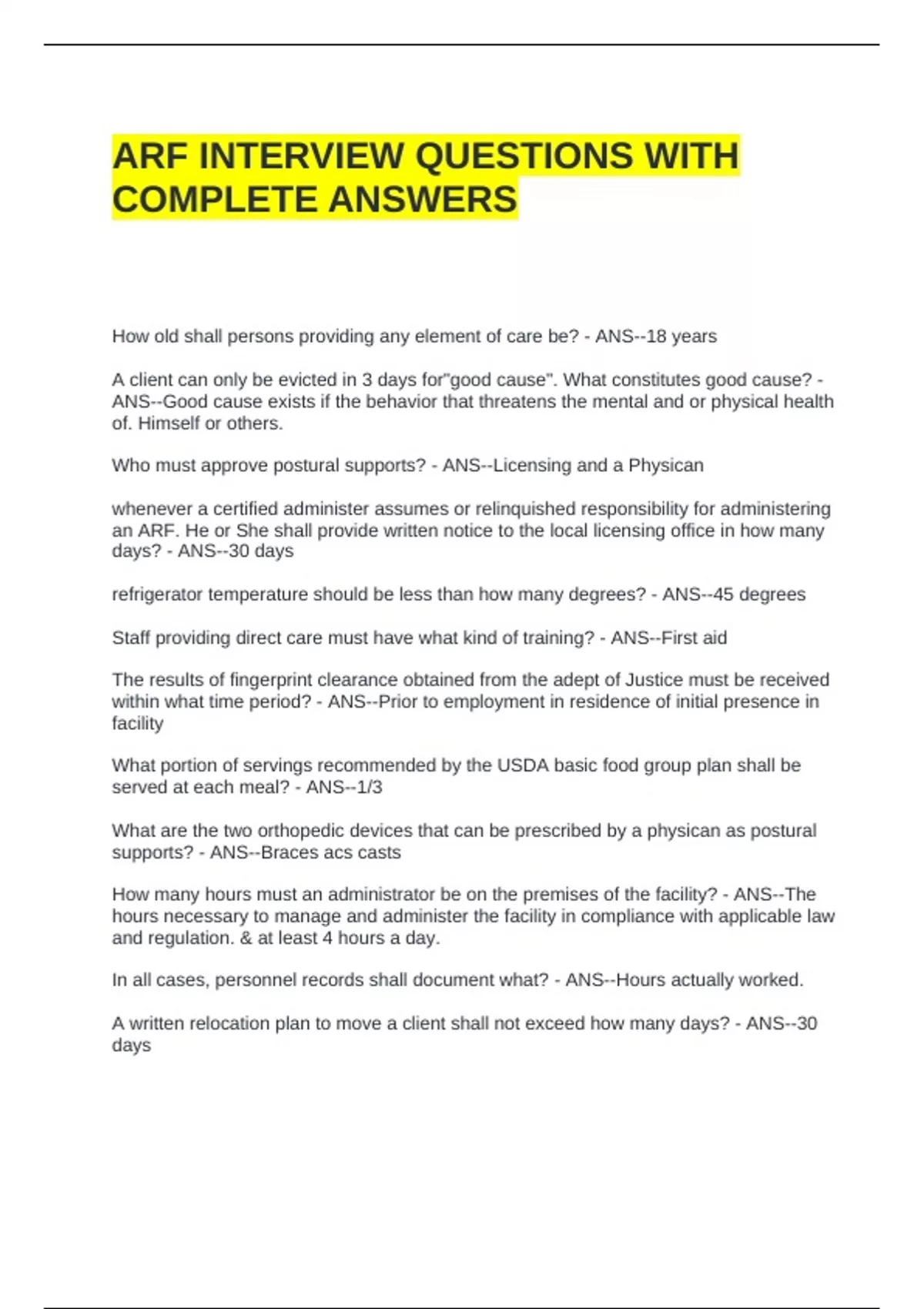ARF INTERVIEW QUESTIONS WITH COMPLETE ANSWERS. - Arf - Stuvia US