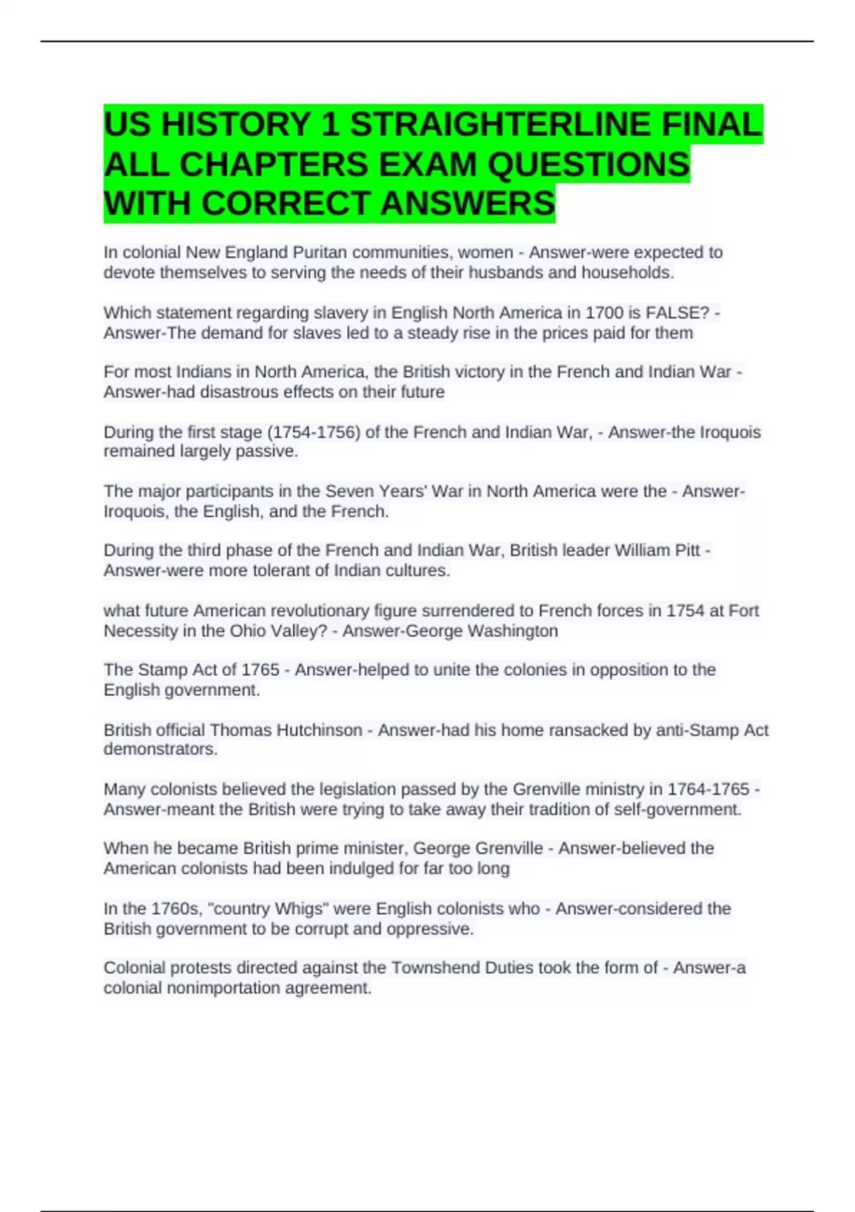 US HISTORY 1 STRAIGHTERLINE FINAL ALL CHAPTERS EXAM QUESTIONS WITH ...