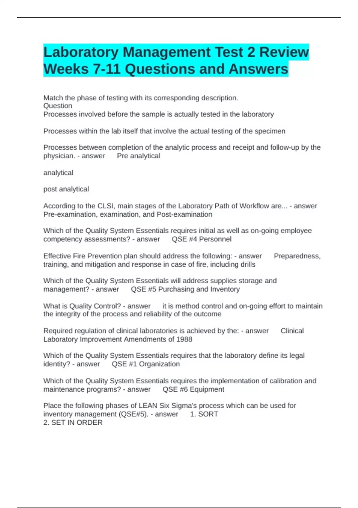 Check Question Lab Laboratory Management Test 2 Review Weeks 7-11 Questions and Answers ...