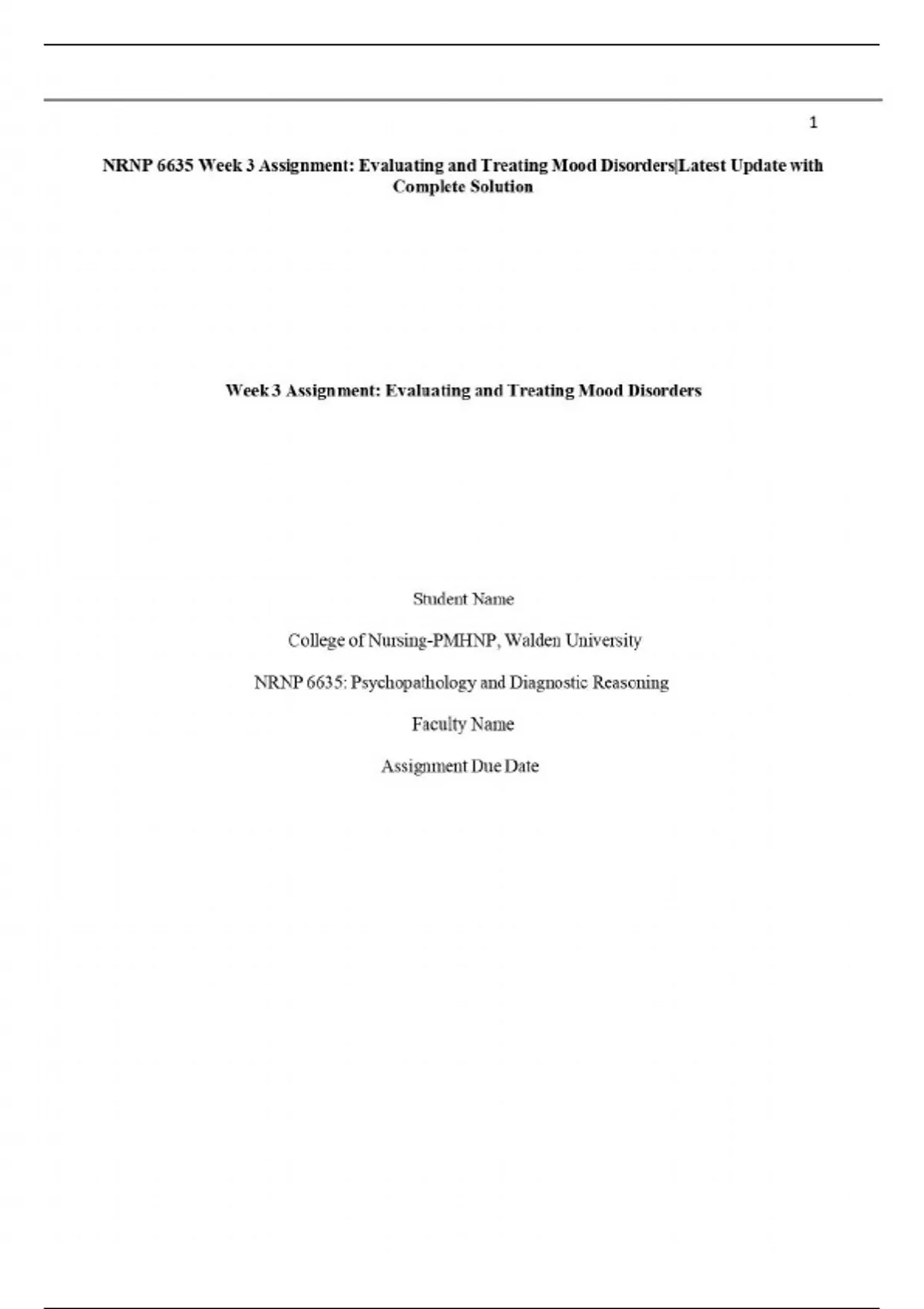 NRNP 6635 Week 3 Assignment: Evaluating and Treating Mood Disorders ...