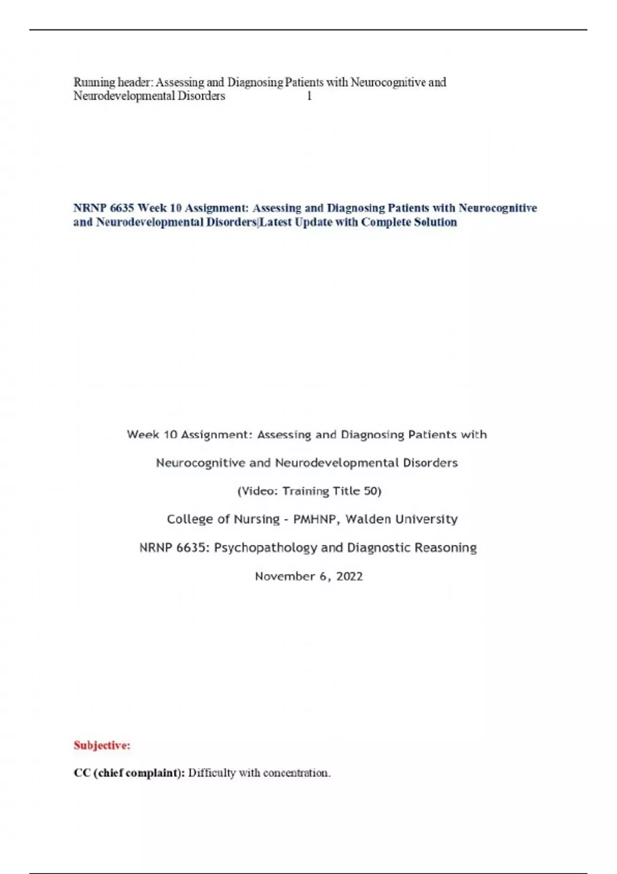 NRNP 6635 Week 10 Assignment: Assessing and Diagnosing Patients with ...