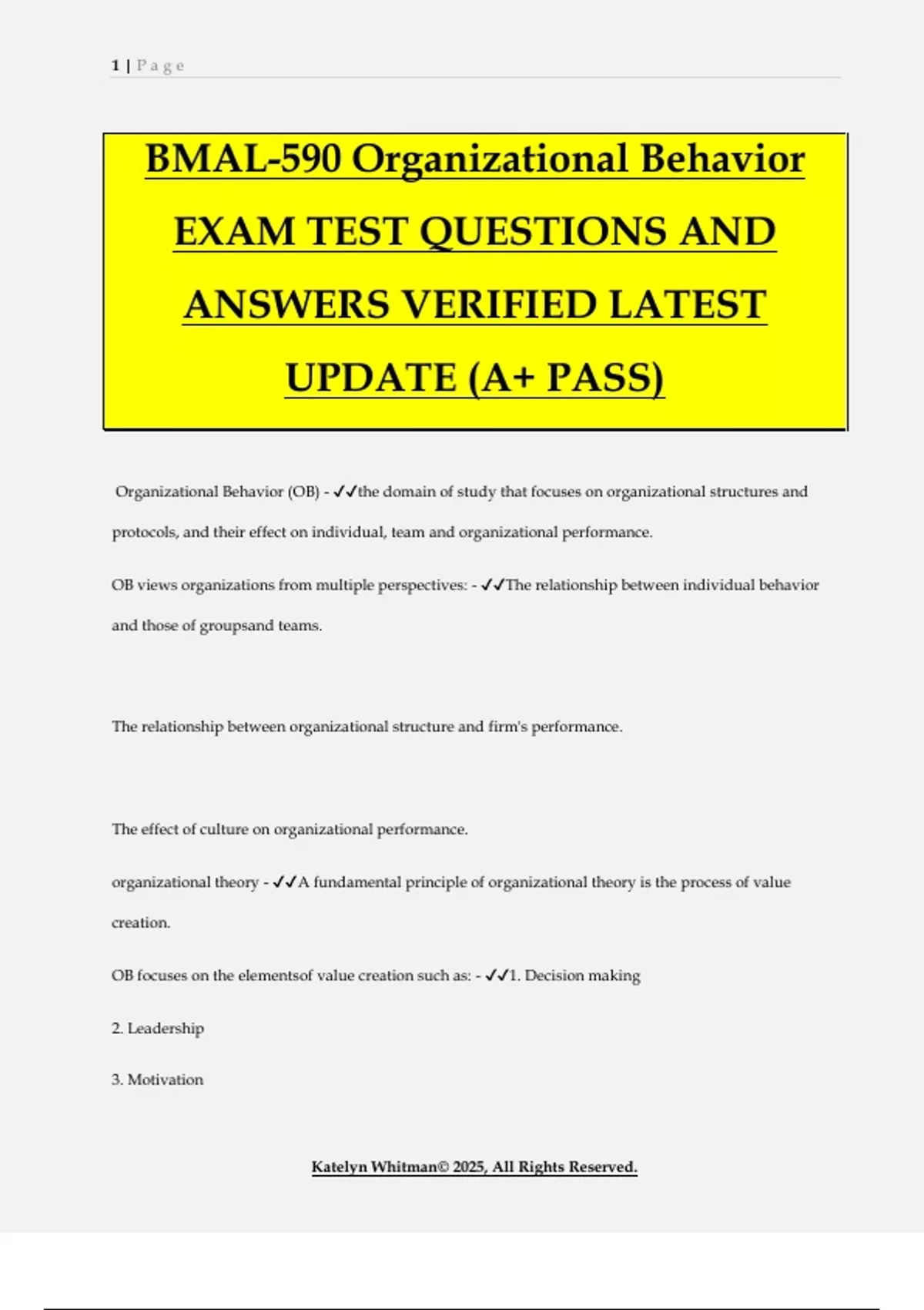 BMAL-590 Organizational Behavior EXAM TEST QUESTIONS AND ANSWERS VERIFIED LATEST UPDATE (A+ PASS ...