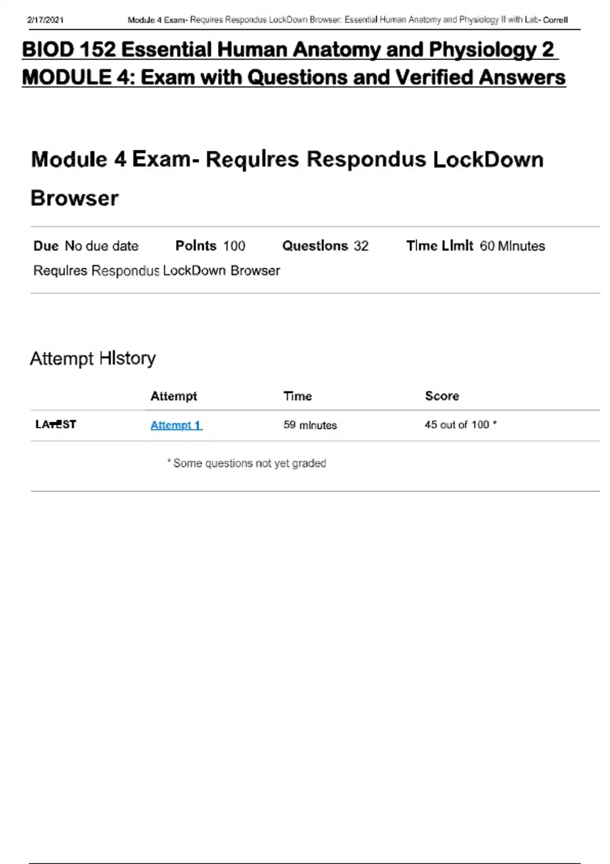 BIOD 152 Essential Human Anatomy and Physiology 2 MODULE 4: Exam with ...