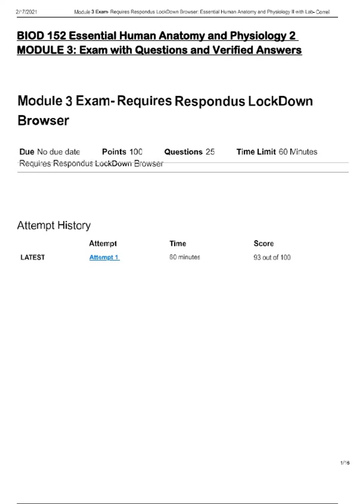 BIOD 152 Essential Human Anatomy and Physiology 2 MODULE 3: Exam with ...