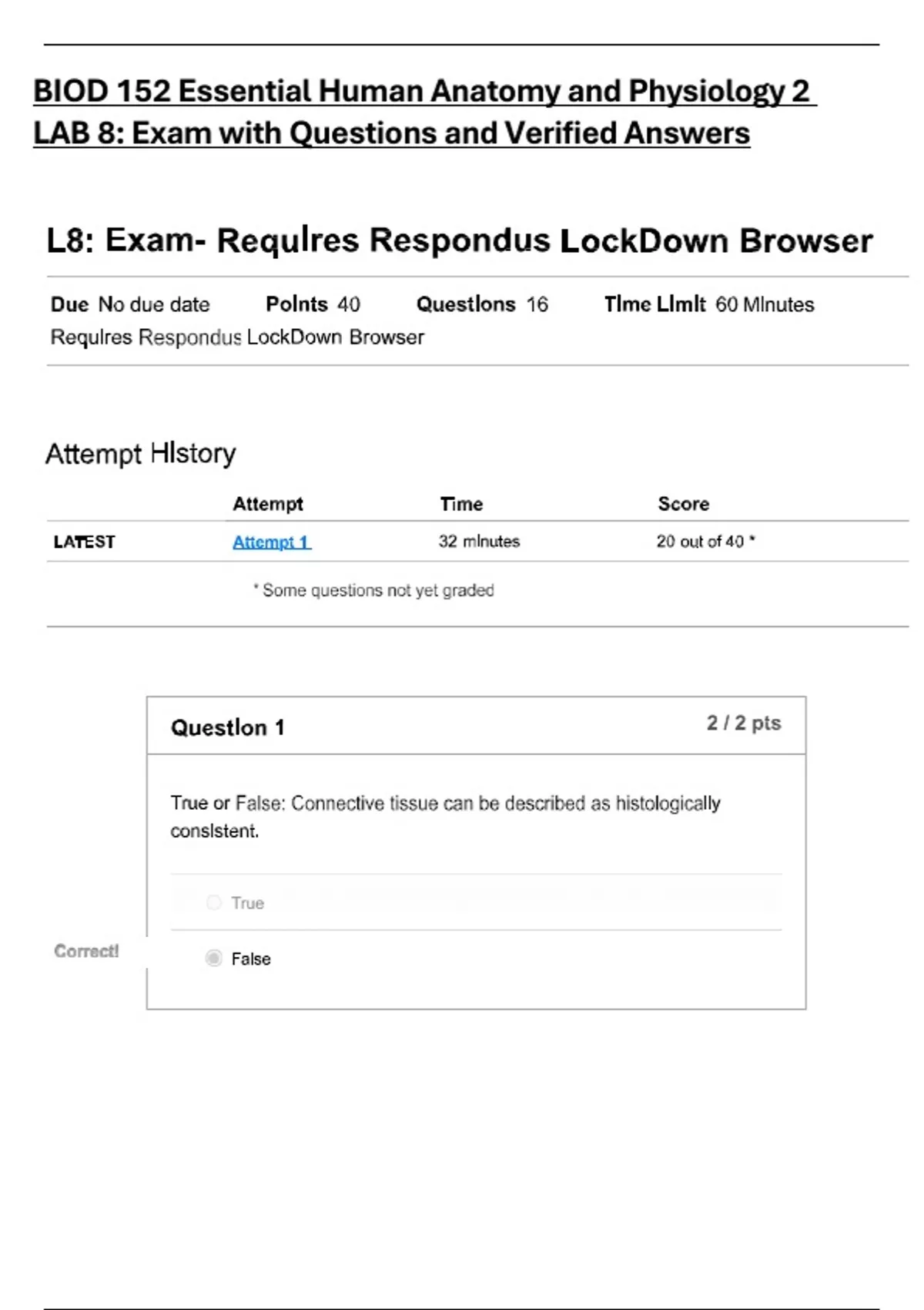 BIOD 152 Essential Human Anatomy and Physiology 2 LAB 8: Exam with ...