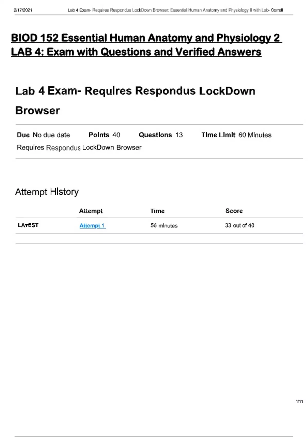 BIOD 152 Essential Human Anatomy and Physiology 2 LAB 4: Exam with ...