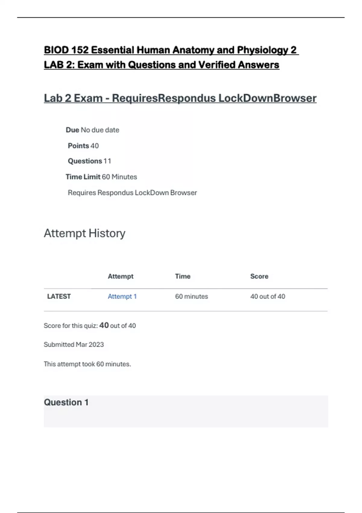 BIOD 152 Essential Human Anatomy and Physiology 2 LAB 2: Exam with ...