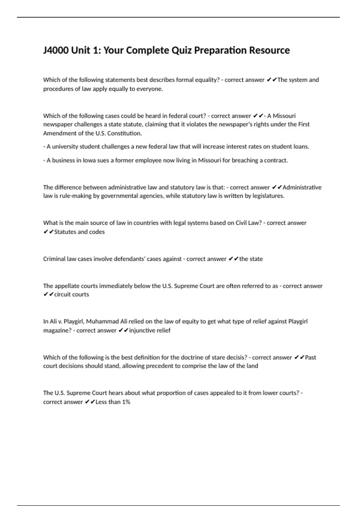 J4000 Unit 1 Your Complete Quiz Preparation Resource J4000 Stuvia US