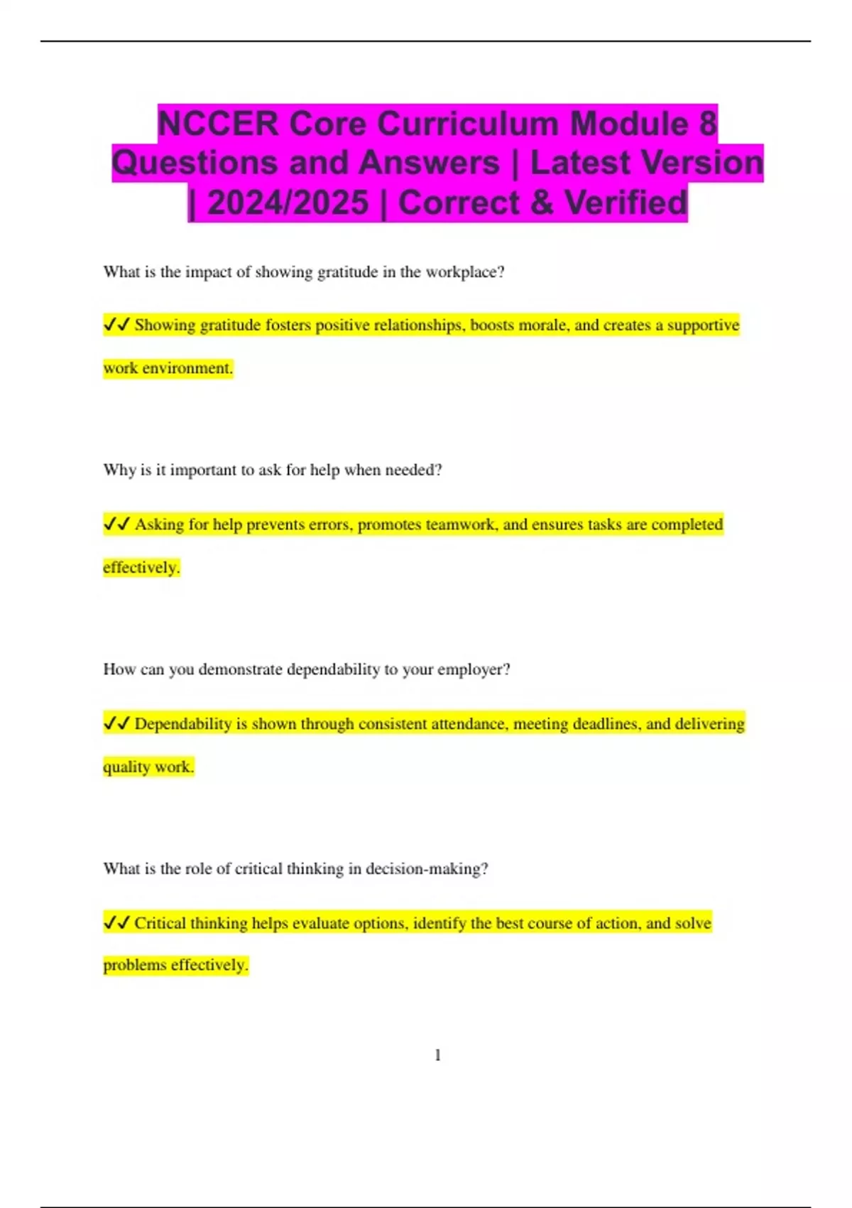 NCCER Core Curriculum Module 8 Questions and Answers Latest Version