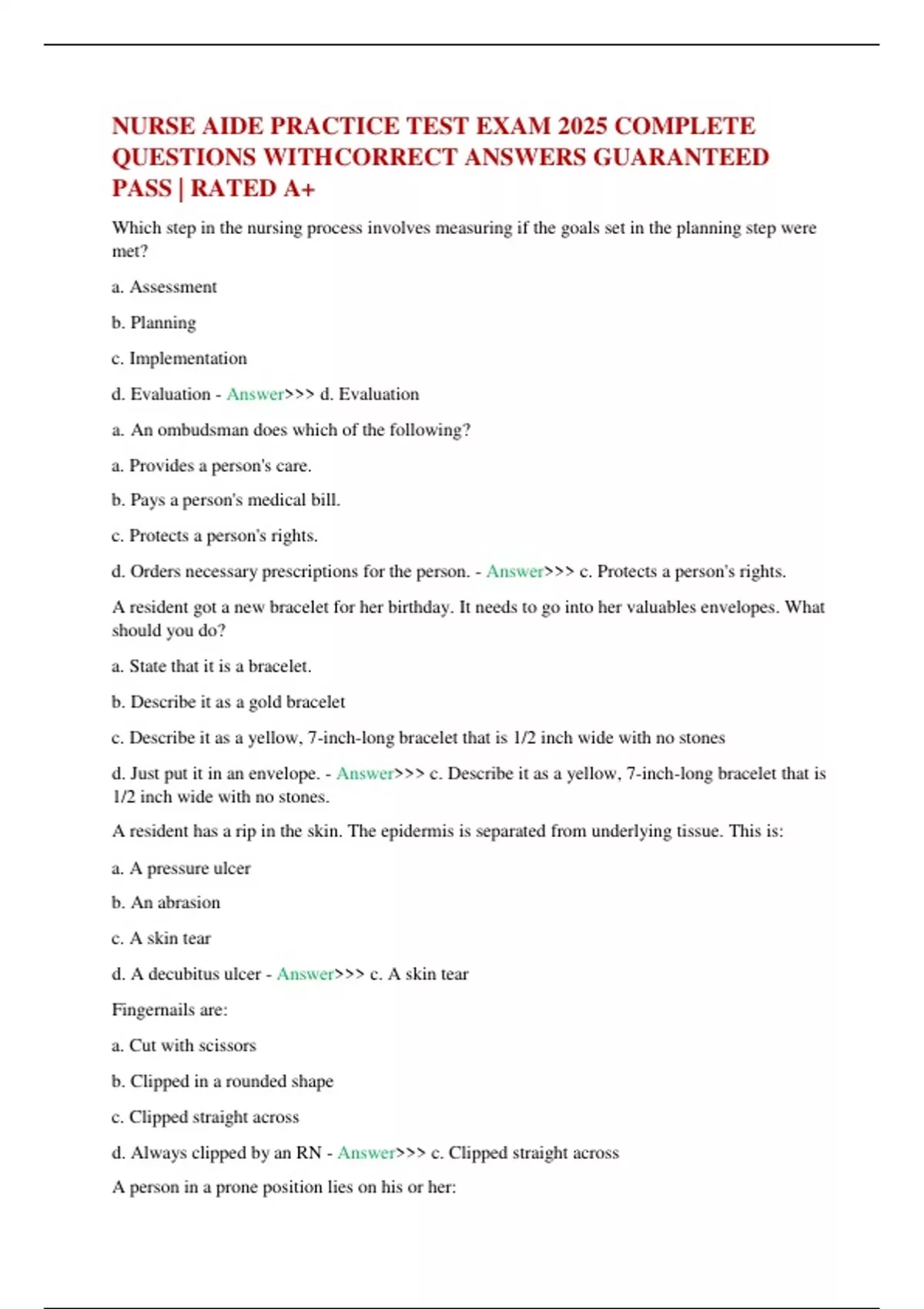 NURSE AIDE PRACTICE TEST EXAM 2025 COMPLETE QUESTIONS WITH CORRECT ...