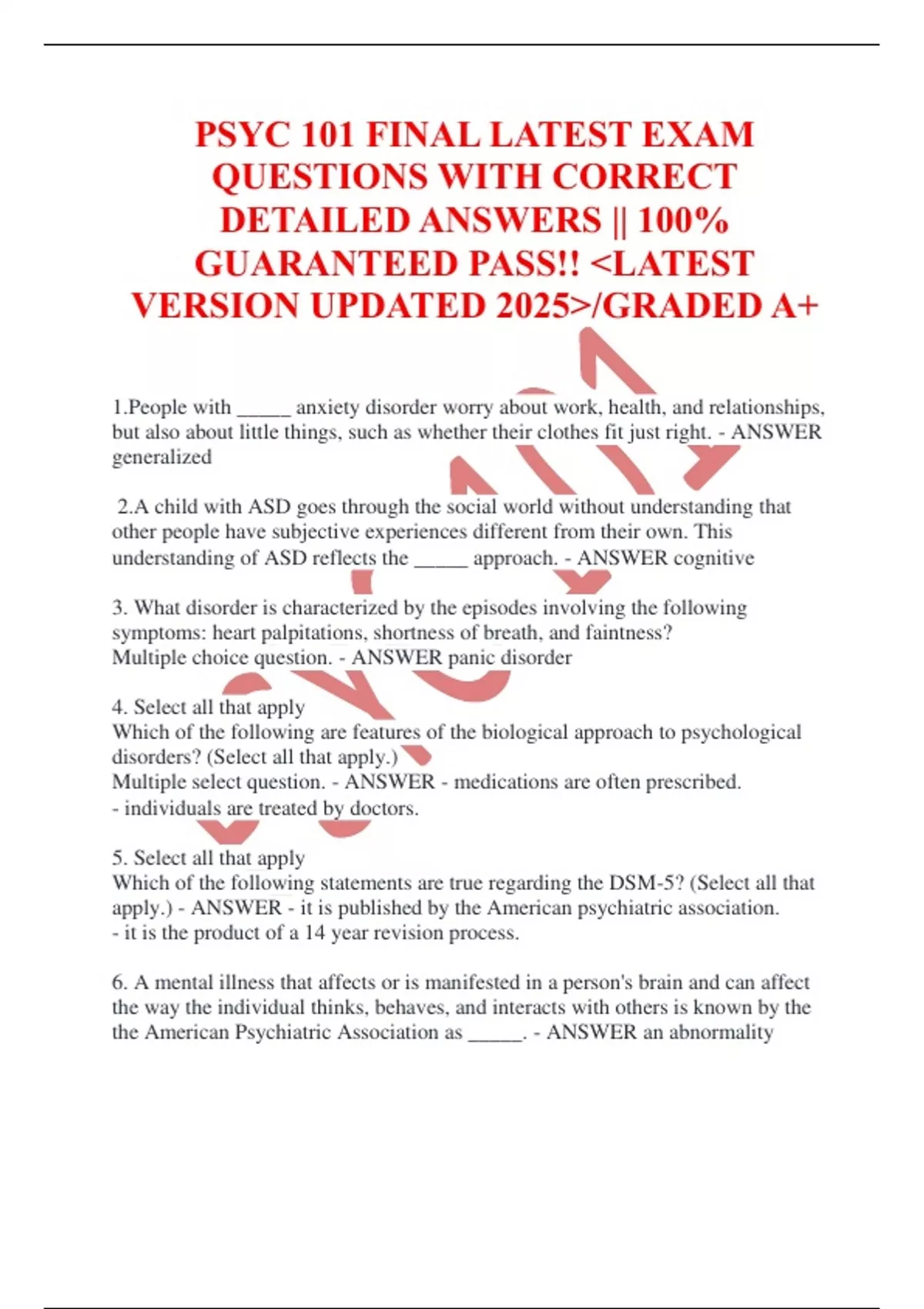 PSYC 101 FINAL LATEST EXAM QUESTIONS WITH CORRECT DETAILED ANSWERS ...
