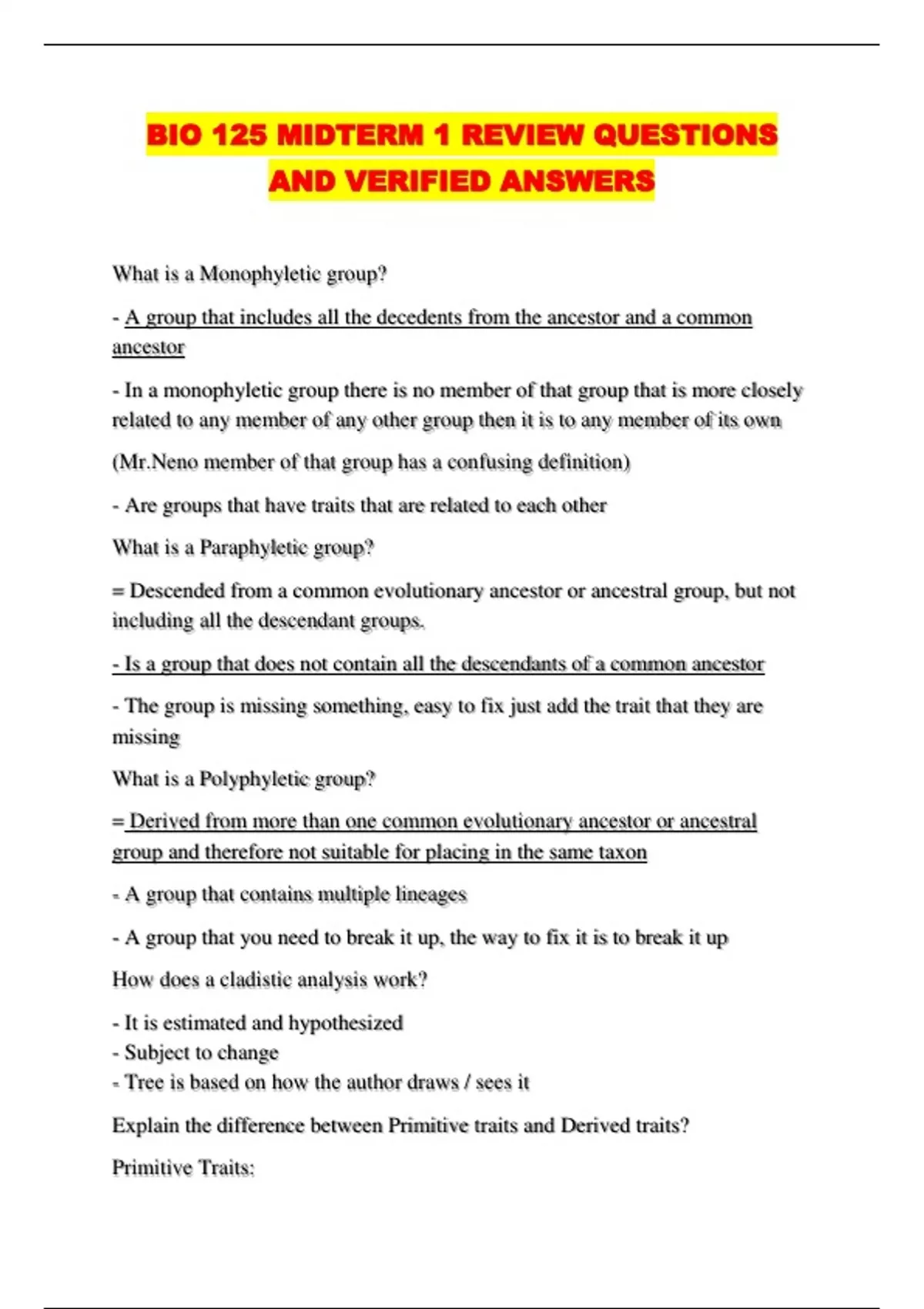 BIO 125 MIDTERM 1 REVIEW QUESTIONS AND VERIFIED ANSWERS - BIO 125 ...