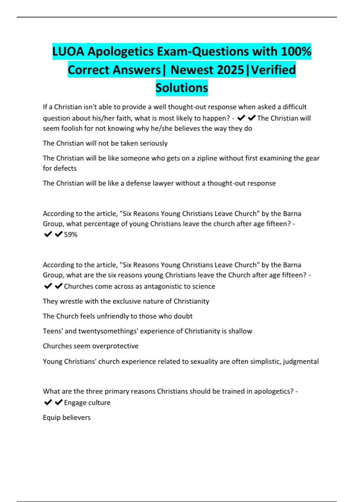 LUOA Apologetics Exam-Questions with 100% Correct Answers| Newest 2025 ...