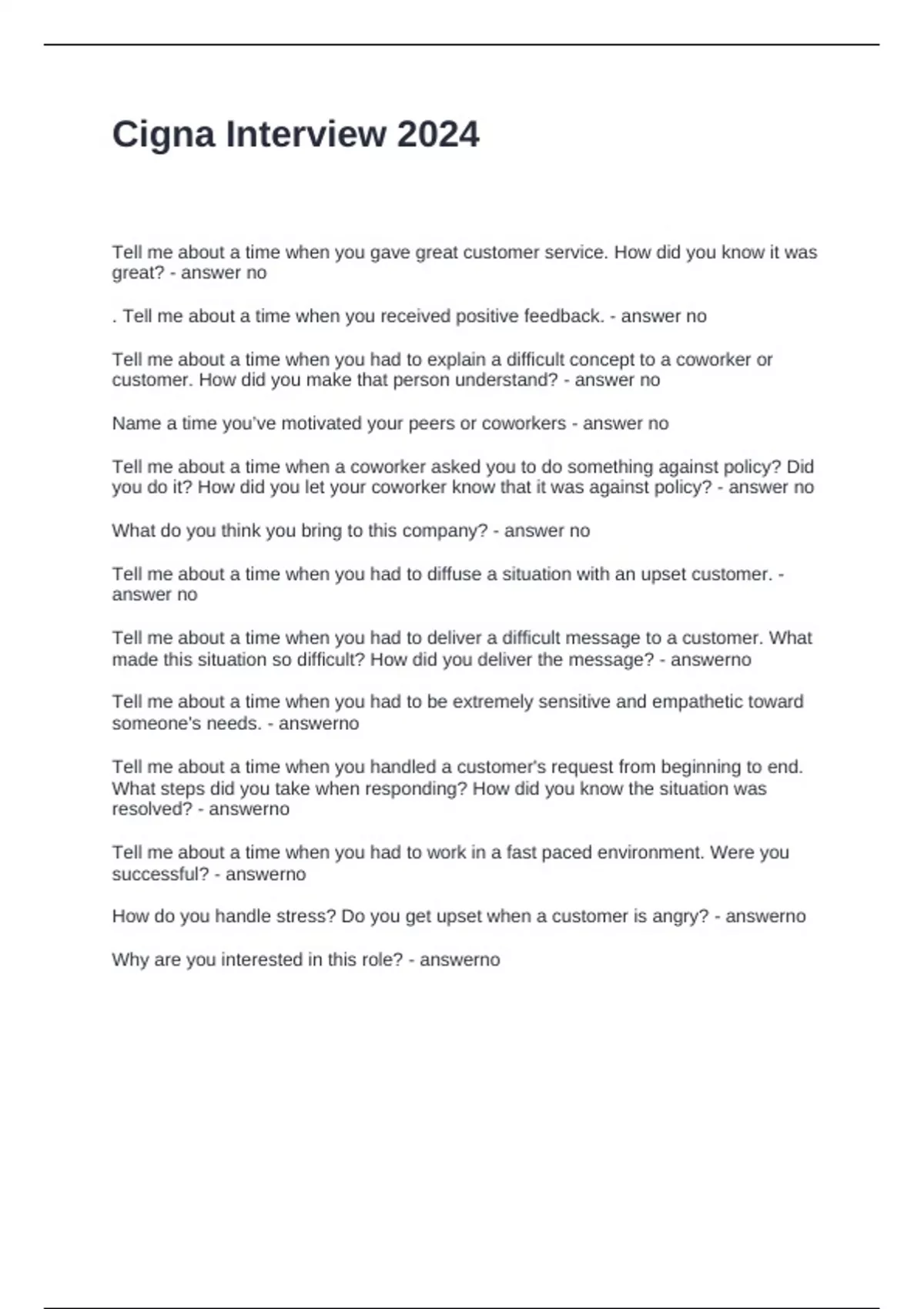 Cigna Interview 2024 Questions and Answers - Cigna - Stuvia US