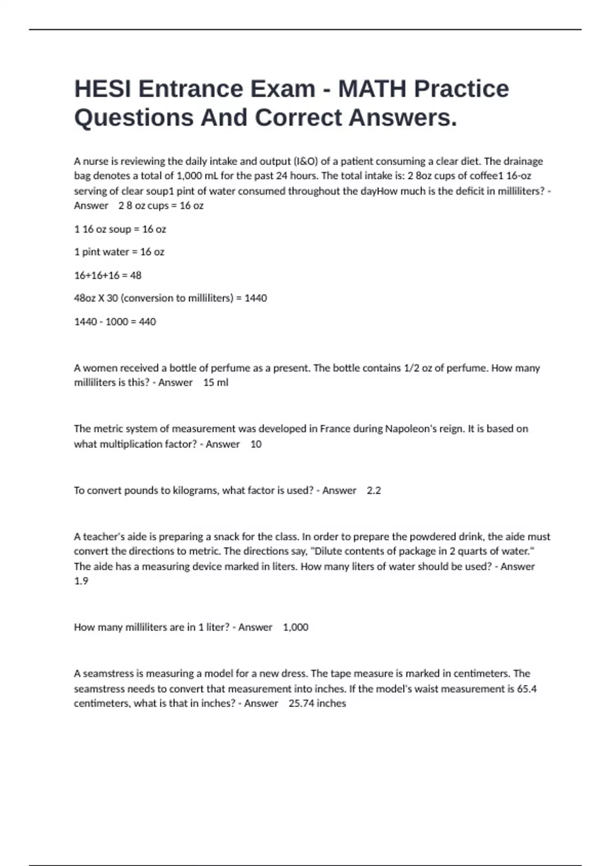 HESI Entrance Exam - MATH Practice Questions And Correct Answers ...