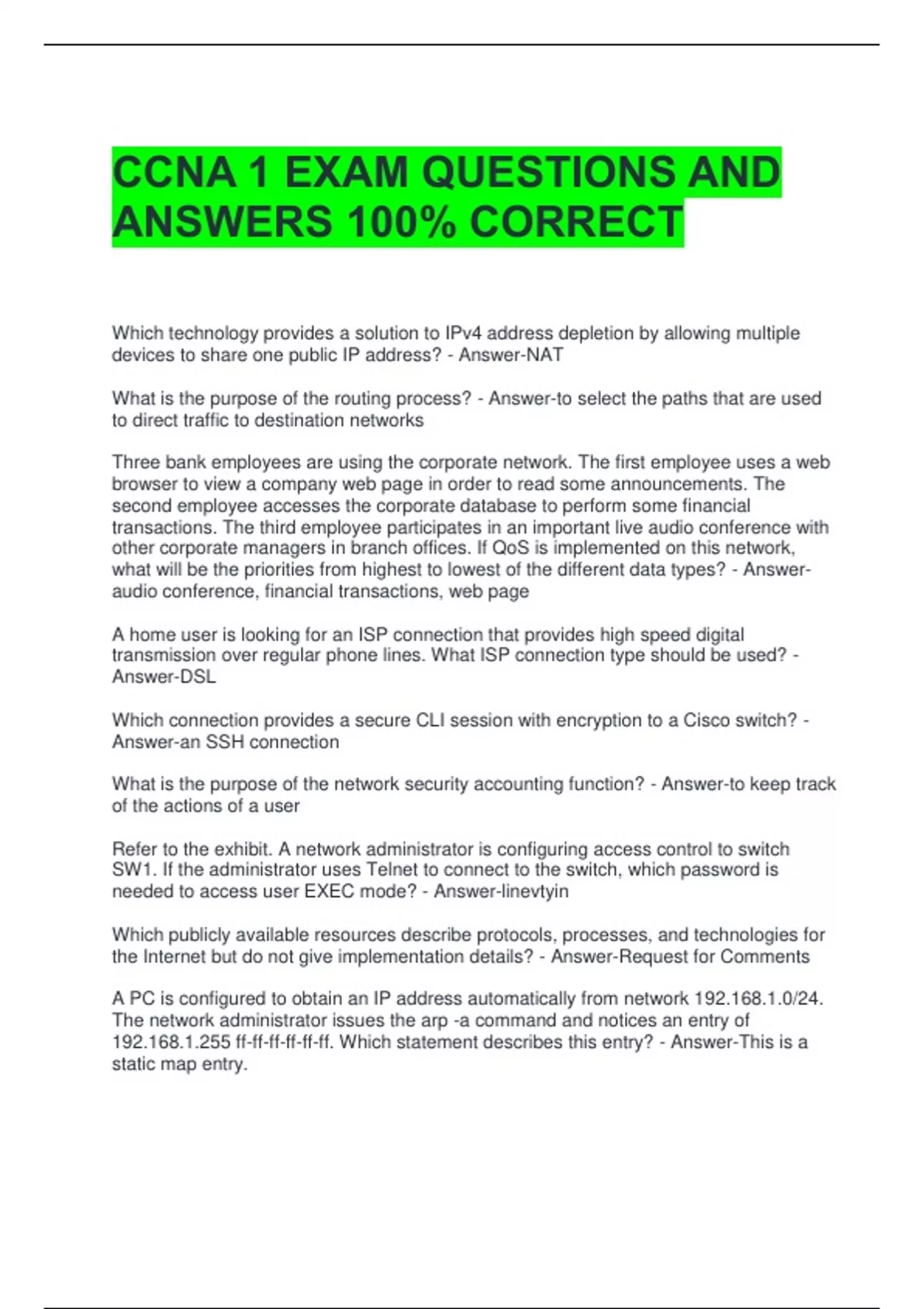 CCNA 1 EXAM QUESTIONS AND ANSWERS 100% CORRECT - CCNA 1 - Stuvia US