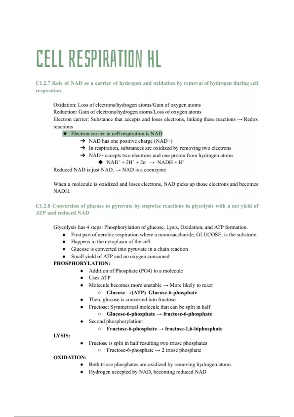 C1.2 Cell Respiration HL IB Biology - Biology IB - Stuvia US