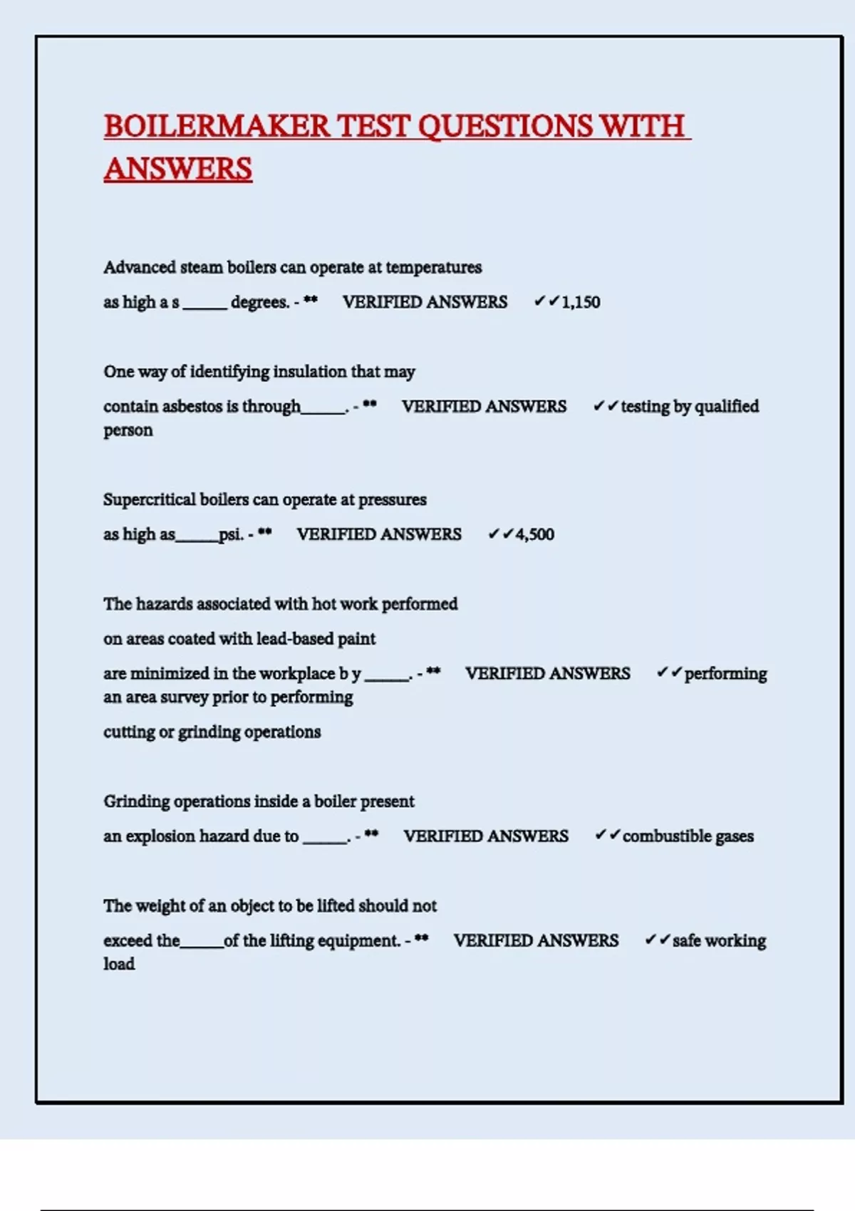 BOILERMAKER TEST QUESTIONS WITH ANSWERS - NCCER boilermaker - Stuvia UK