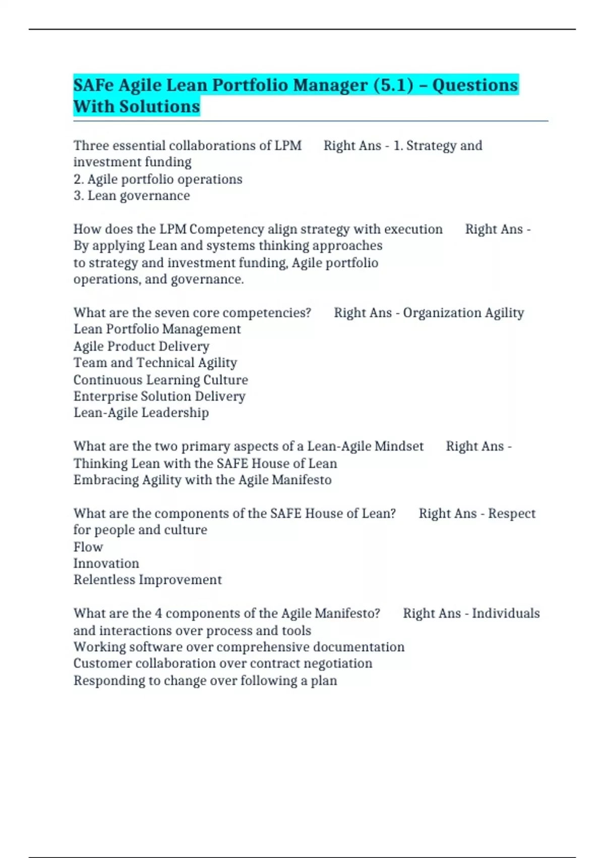 SAFe Agile Lean Portfolio Manager (5.1) – Questions With Solutions ...