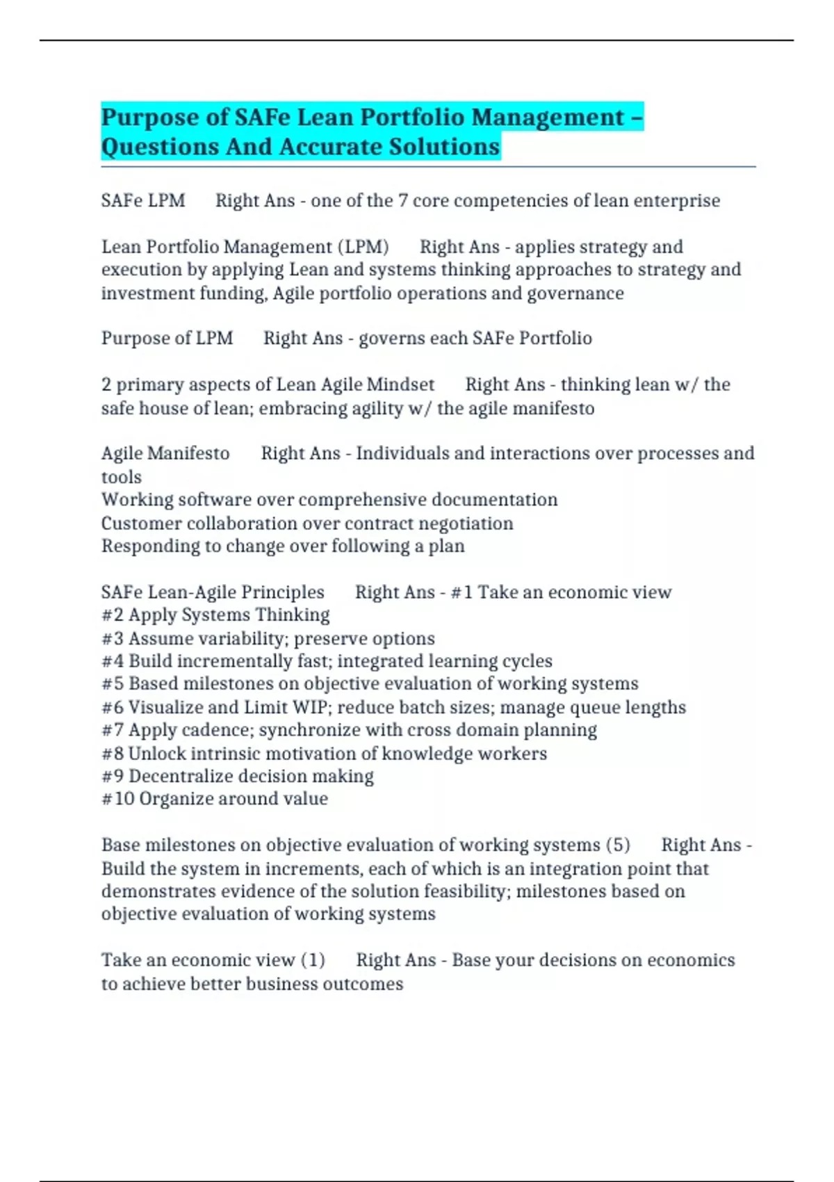 Purpose of SAFe Lean Portfolio Management – Questions And Accurate ...