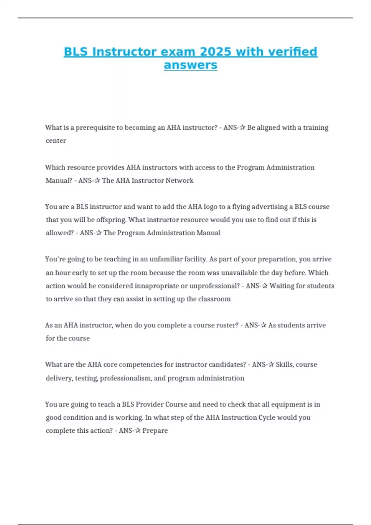BLS Instructor exam 2025 with verified answers - BLS Instructor - Stuvia US