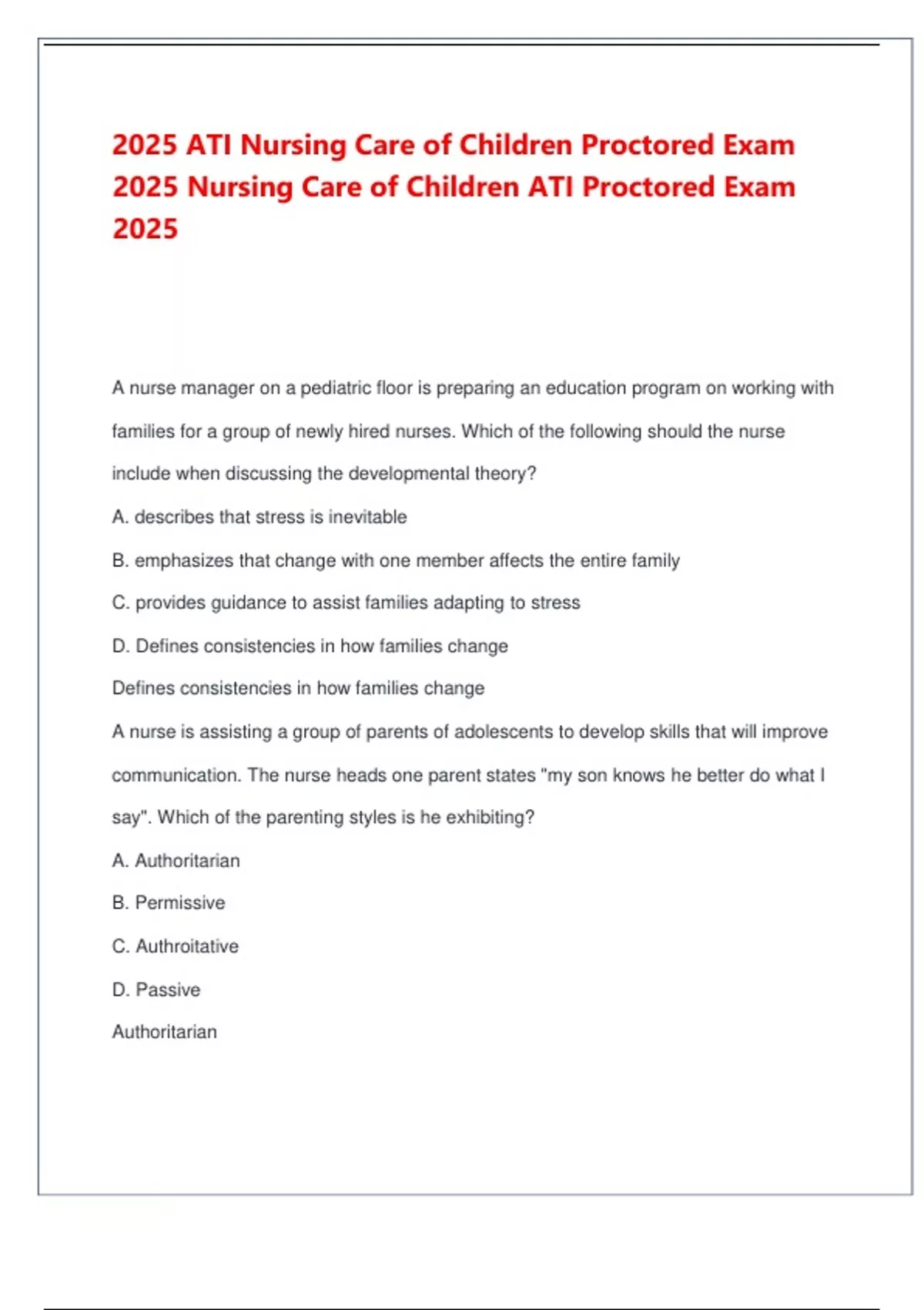 2025 ATI Nursing Care of Children Proctored Exam 2025 Nursing Care of ...