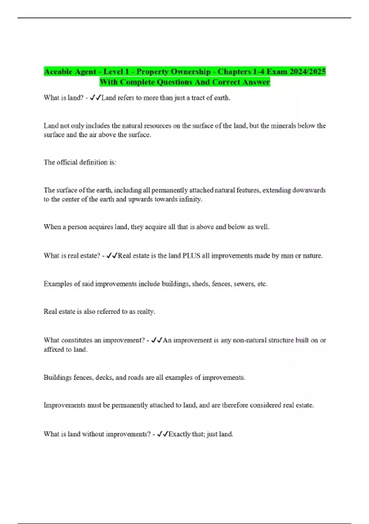 Aceable Agent - Level 1 - Property Ownership - Chapters 1-4 Exam 2024/ ...