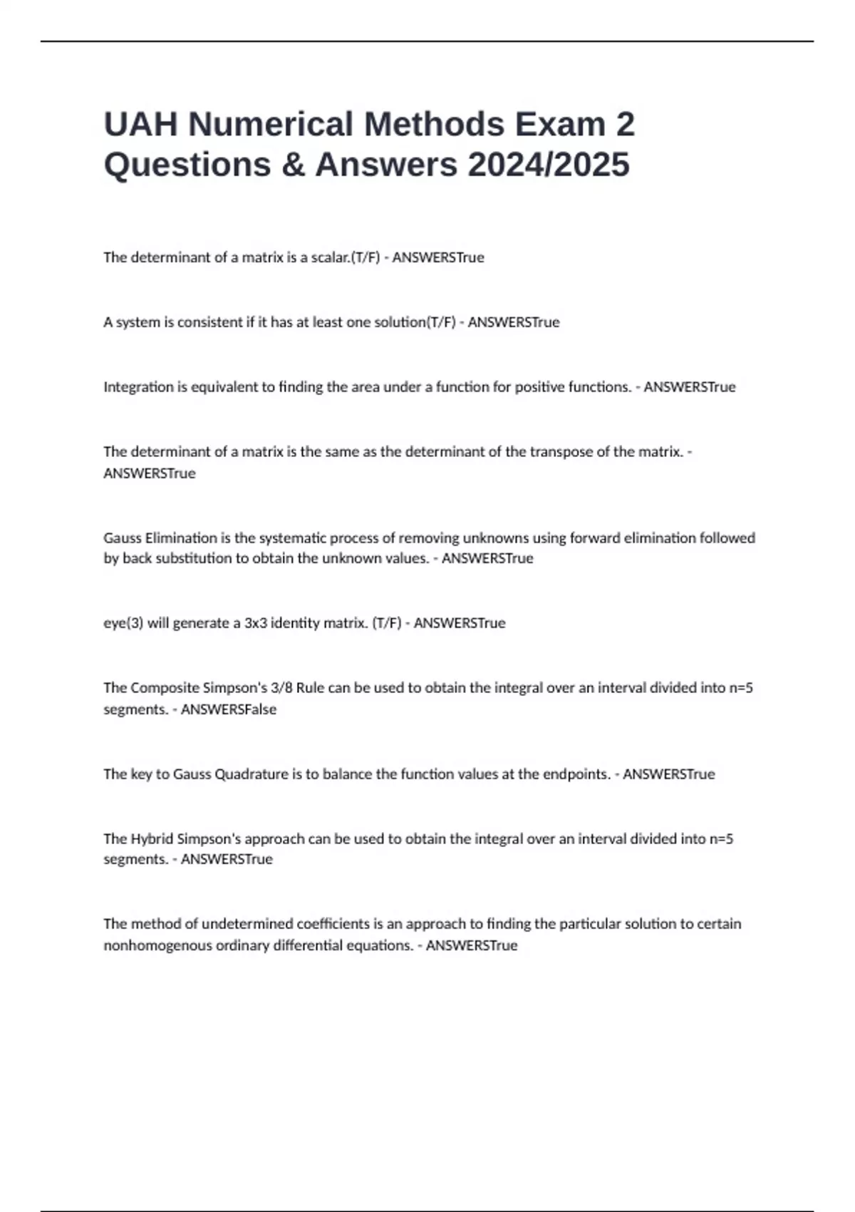 UAH Numerical Methods Exam 2 Questions & Answers 2024/2025 - UAH ...