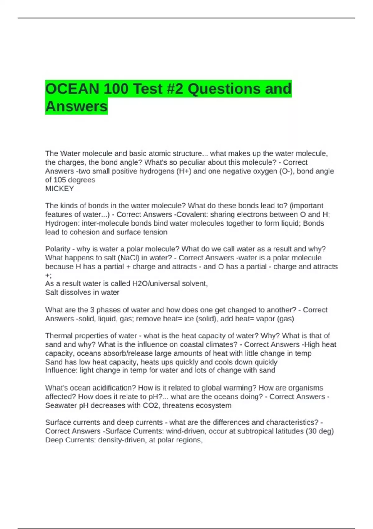 OCEAN 100 Test #2 Questions and Answers - Ocean 100 - Stuvia US