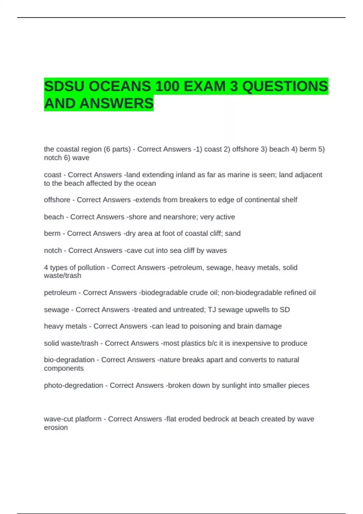 SDSU OCEANS 100 EXAM 3 QUESTIONS AND ANSWERS - Oceans 100 - Stuvia US