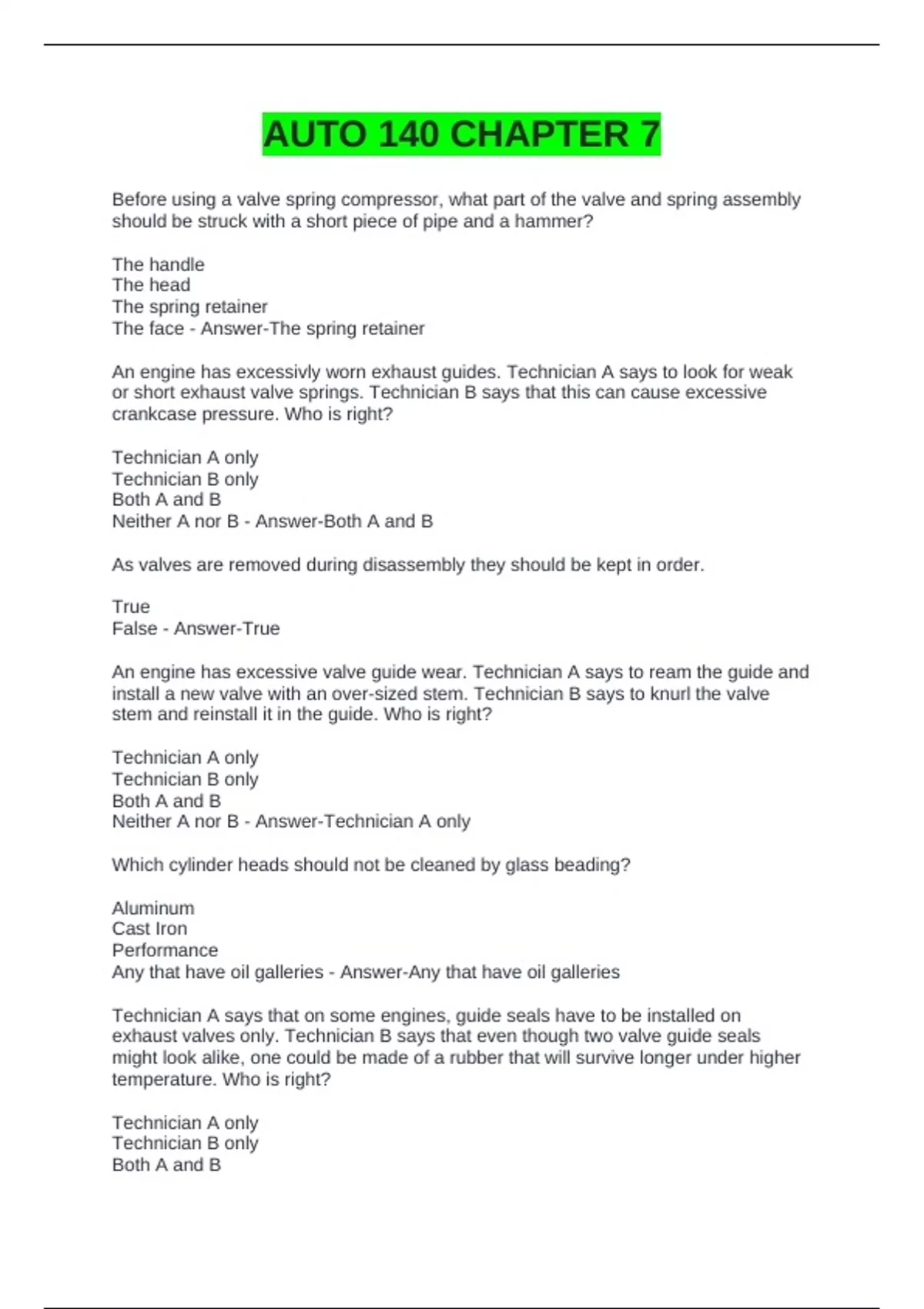 AUTO 140 CHAPTER 7 EXAM QUESTIONS AND ANSWERS - AUTO 140 CHAPTER 7 ...