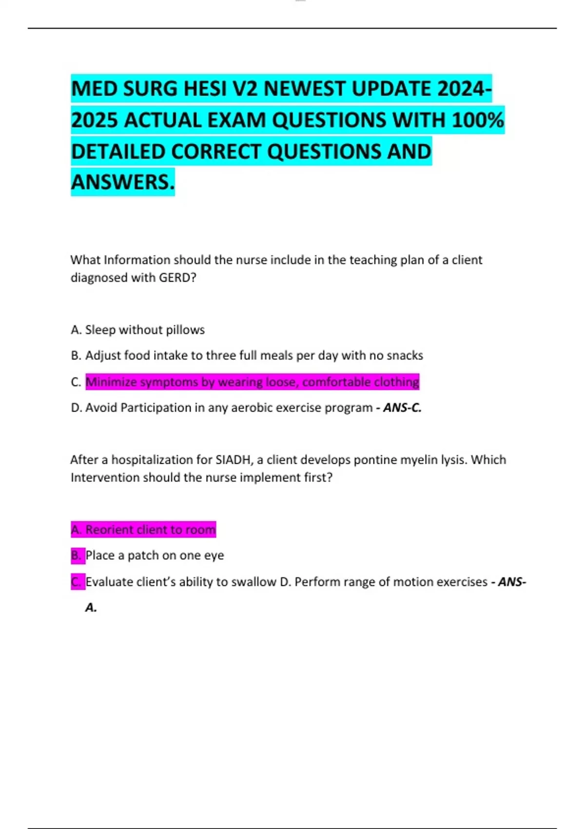 MED SURG HESI V2 NEWEST UPDATE ACTUAL EXAM QUESTIONS WITH 100% DETAILED ...