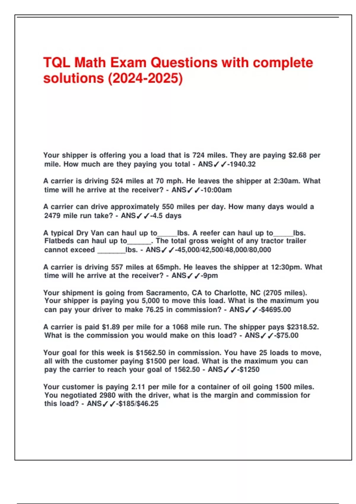 Tql Math Test TQL Math Exam Questions with complete solutions (). - TQL Math - Stuvia US