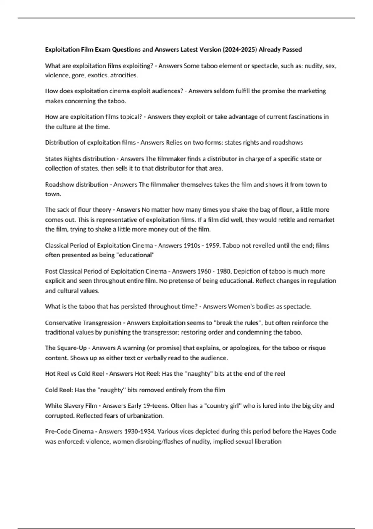 Exploitation Film Exam Questions and Answers Latest Version () Already ...